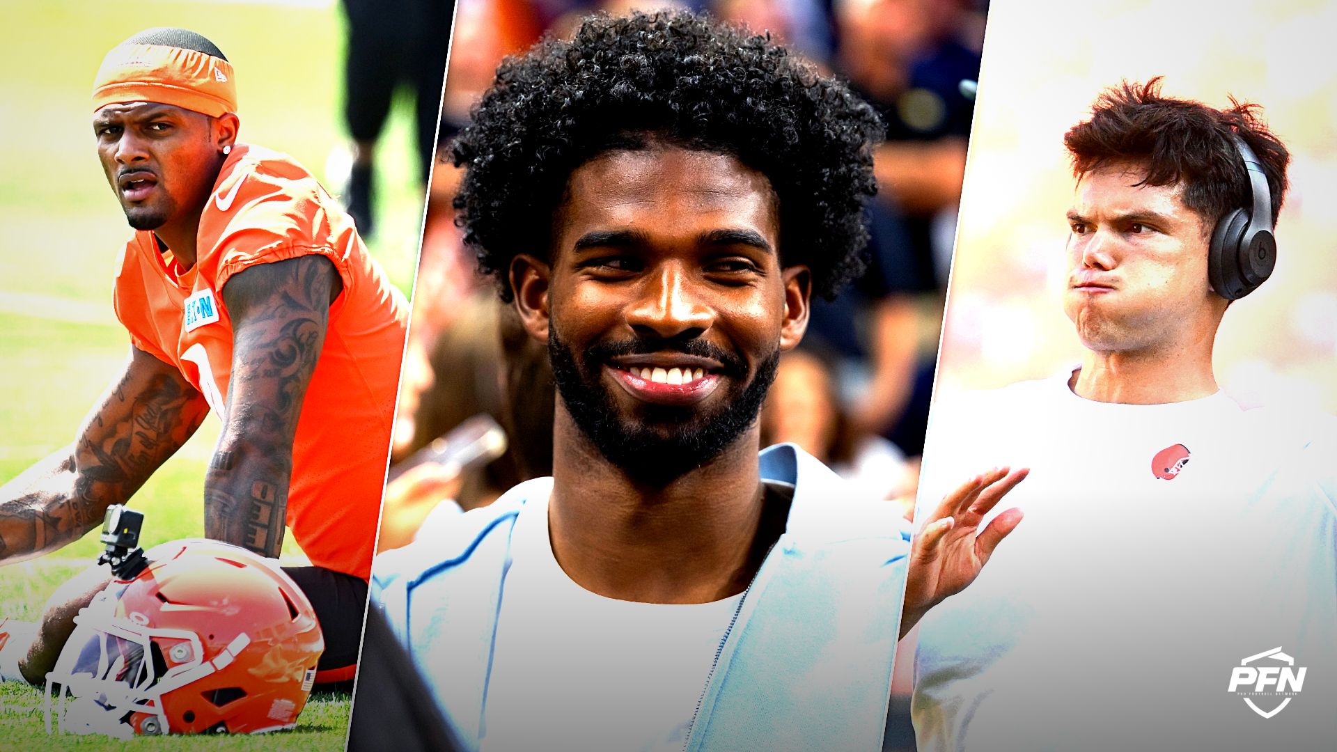 Cleveland Browns quarterbacks Shedeur Sanders, Deshaun Watson and Dillon Gabriel.