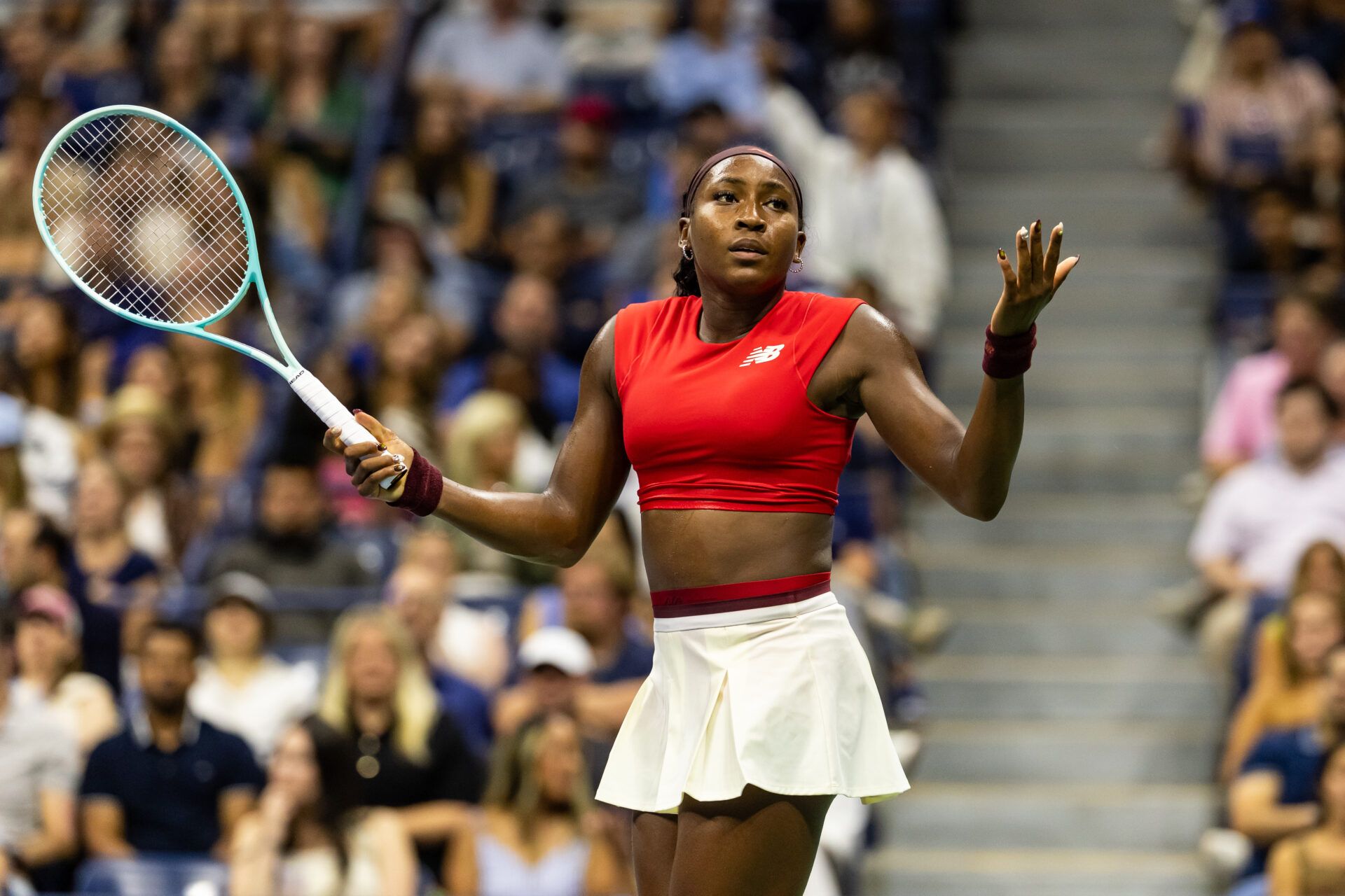 Coco Gauff of the United States in action against Ajla Tomljanovic of Australia in the first round of the women’s singles at the US Open at Arthur Ashe Stadium in Billie Jean King National Tennis Centre.