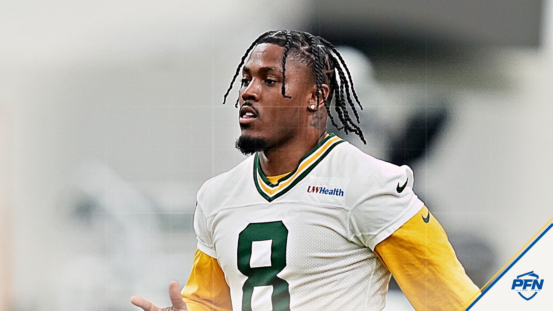 Green Bay Packers running back Josh Jacobs (8) warms up during the first day of a three-day minicamp at the Don Hutson Center in Ashwaubenon, Wisconsin on Tuesday, June 9, 2026.