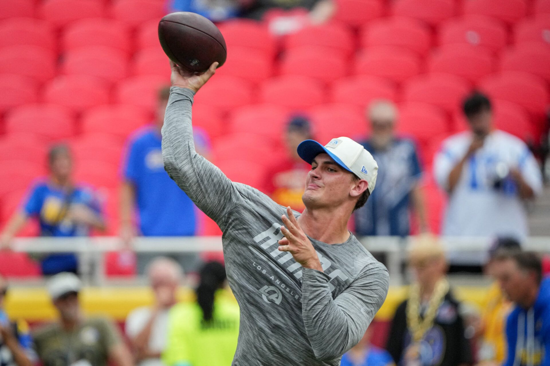 Los Angeles Rams quarterback Ty Simpson (15) warms up against the Kansas City Chiefs prior to a pre season at Arrowhead Stadium.