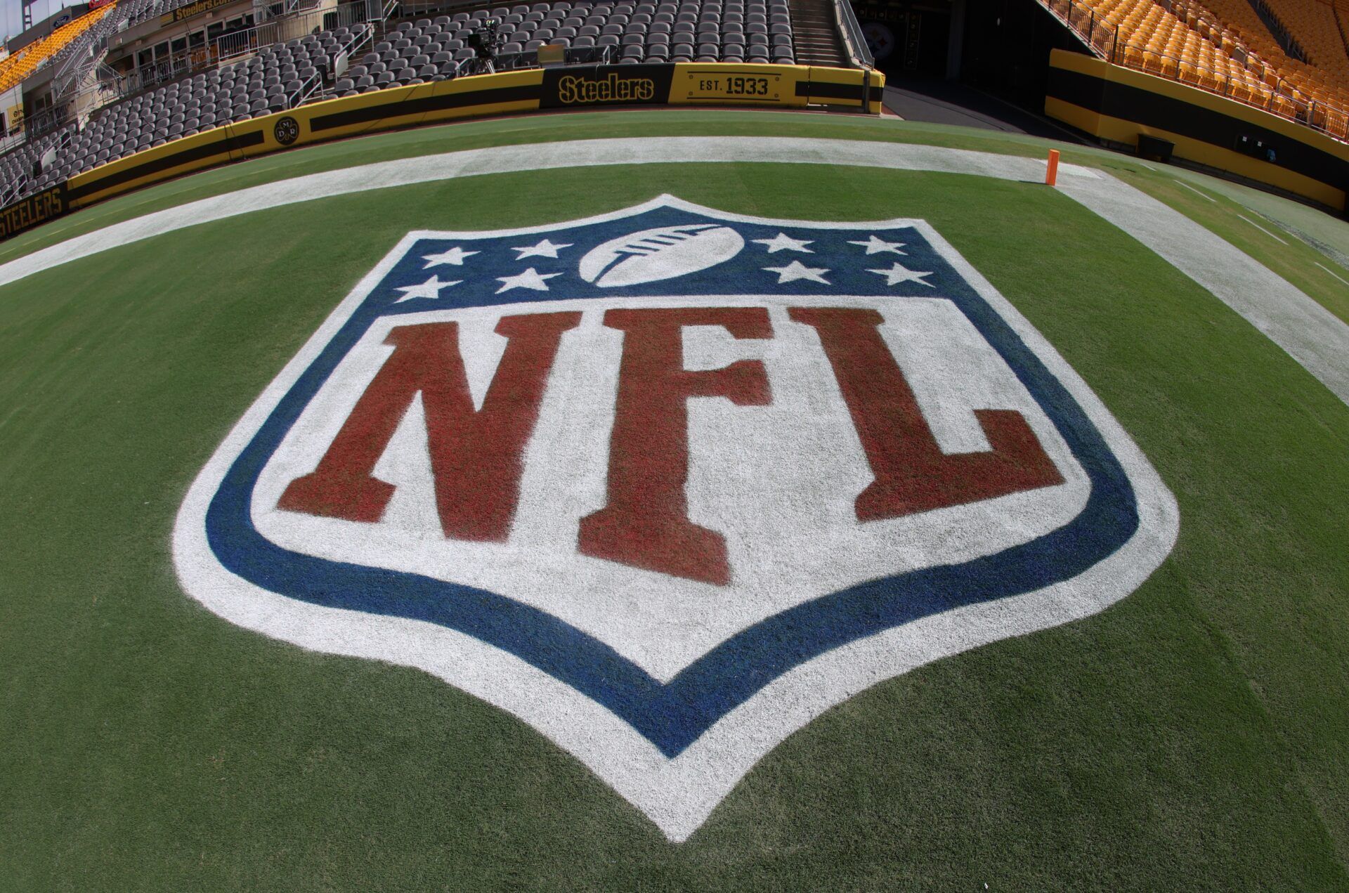 A general view including the NFL shield logo in the end-zone before the Pittsburgh Steelers host the New York Jets at Acrisure Stadium.