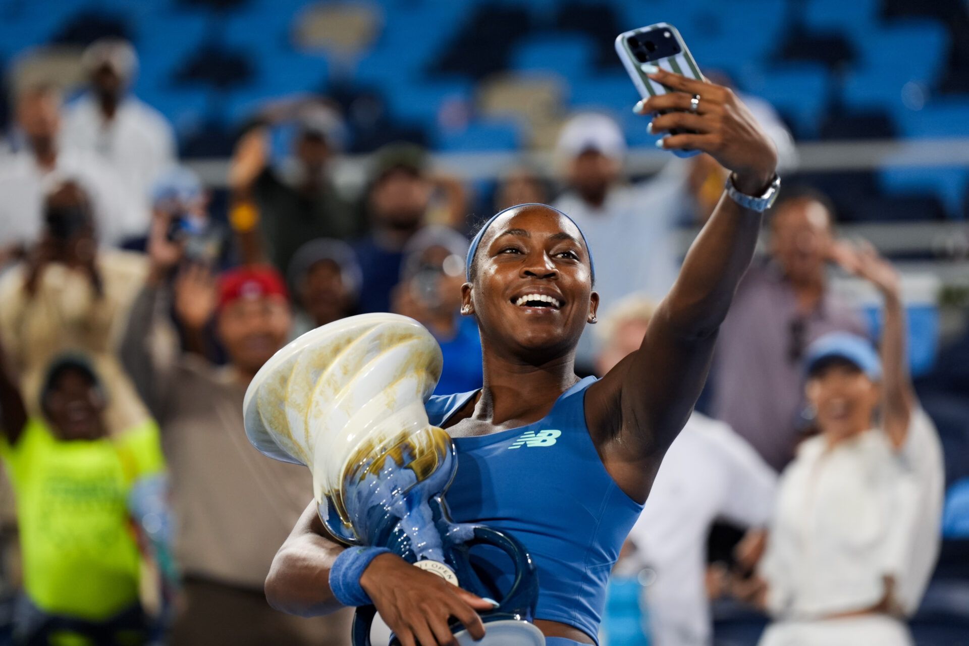 Coco Gauff (USA) celebrates after defeating Jessica Pegula (USA) during the finals of the Cincinnati Open at Lindner Family Tennis Center.