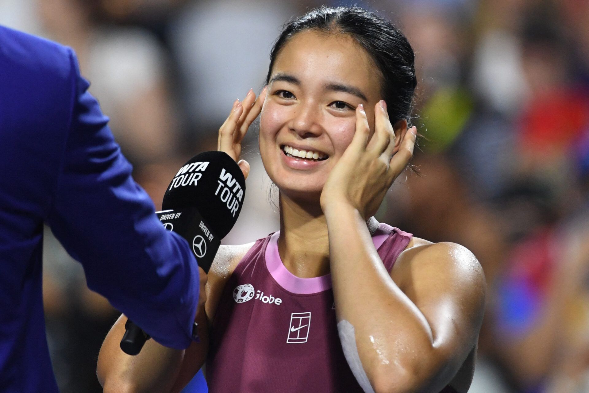 Alexandra Eala (PHI) reacts during a TV interview after defeating Caty McNally (USA) during third round play at Sobeys Stadium.