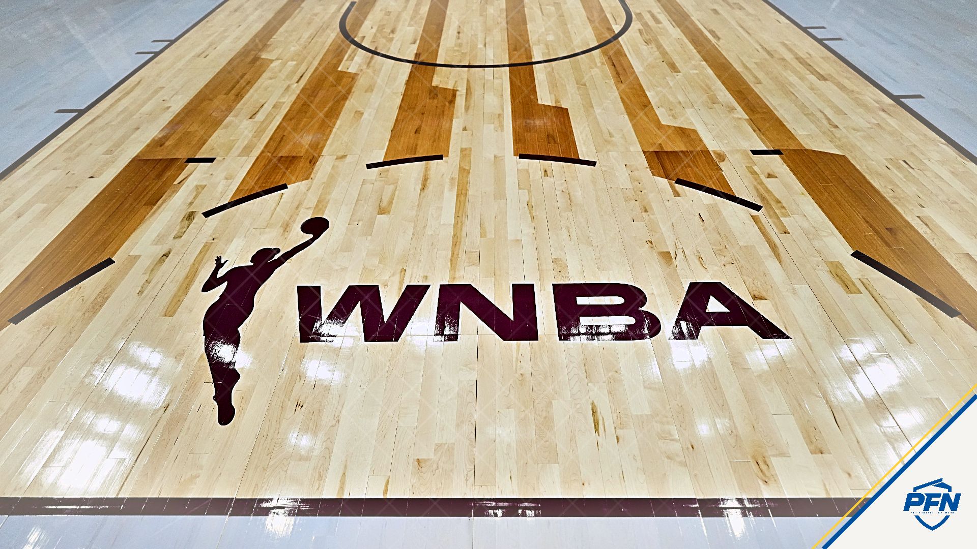 General view of the WNBA logo on the court before a game between the Minnesota Lynx and Toronto Tempo at Scotiabank Arena.