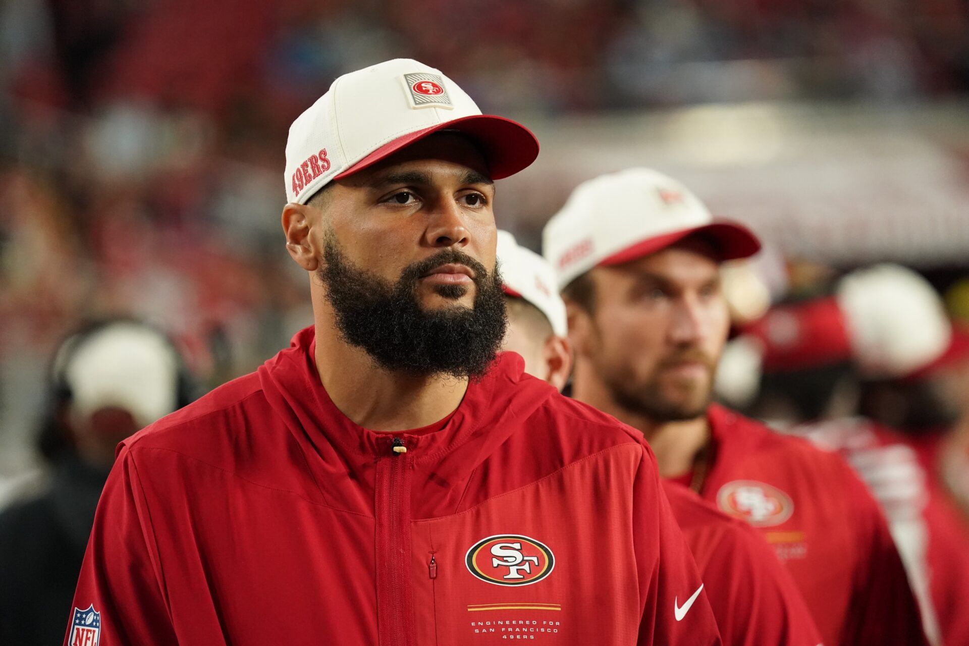 San Francisco 49ers wide receiver Mike Evans (5) watches from the sideline during a game against the Tennessee Titans in the fourth quarter at Levi's Stadium.