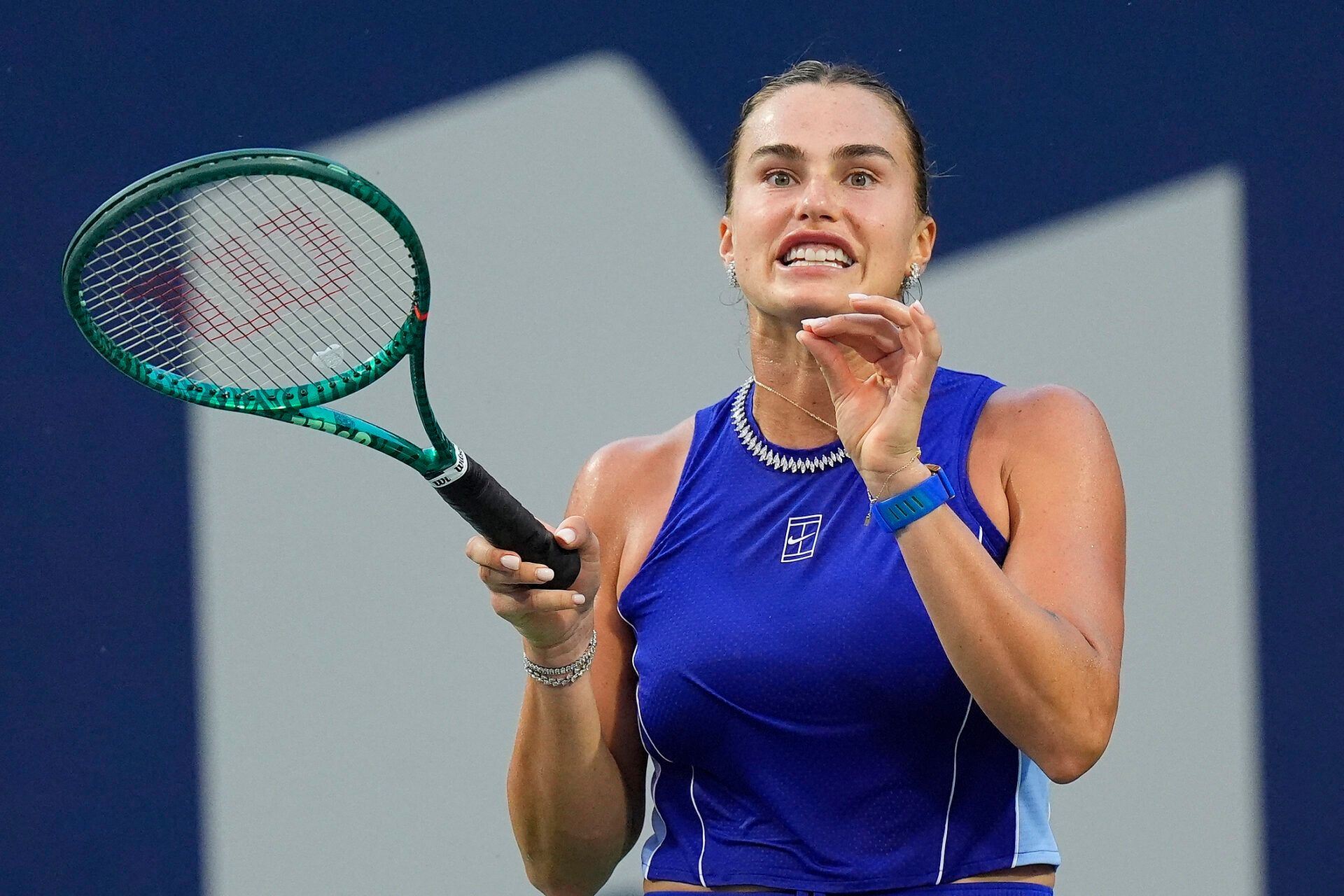 Aryna Sabalenka reacts after missing a point against Ekaterina Alexandrova (not pictured) during the fourth round at the National Bank Open at Sobeys Stadium.