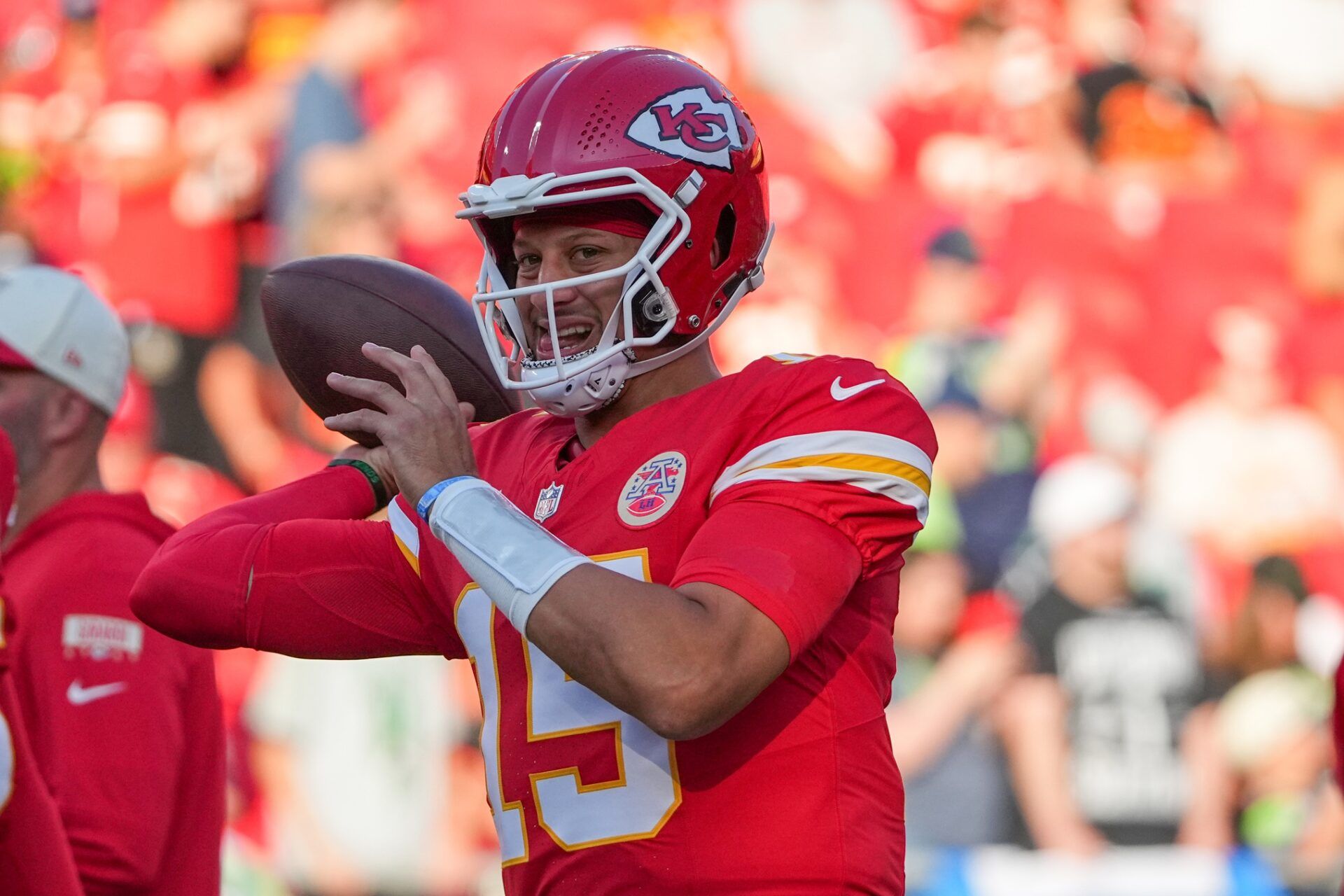Kansas City Chiefs quarterback Patrick Mahomes (15) warms up against the Seattle Seahawks prior to the game at Arrowhead Stadium.