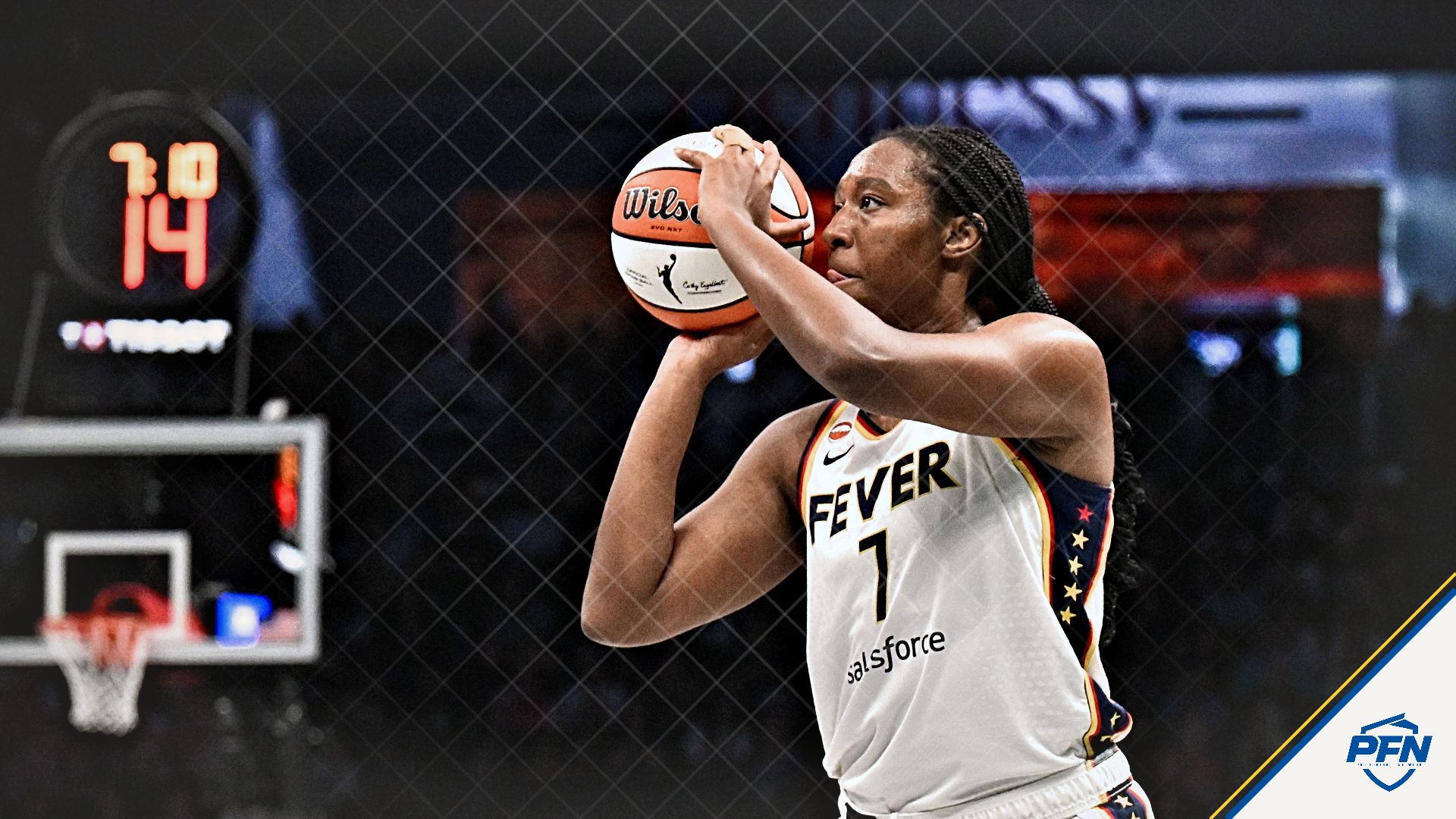 Indiana Fever center Aliyah Boston (7) shoots the ball against the New York Liberty during the second half at Barclays Center.