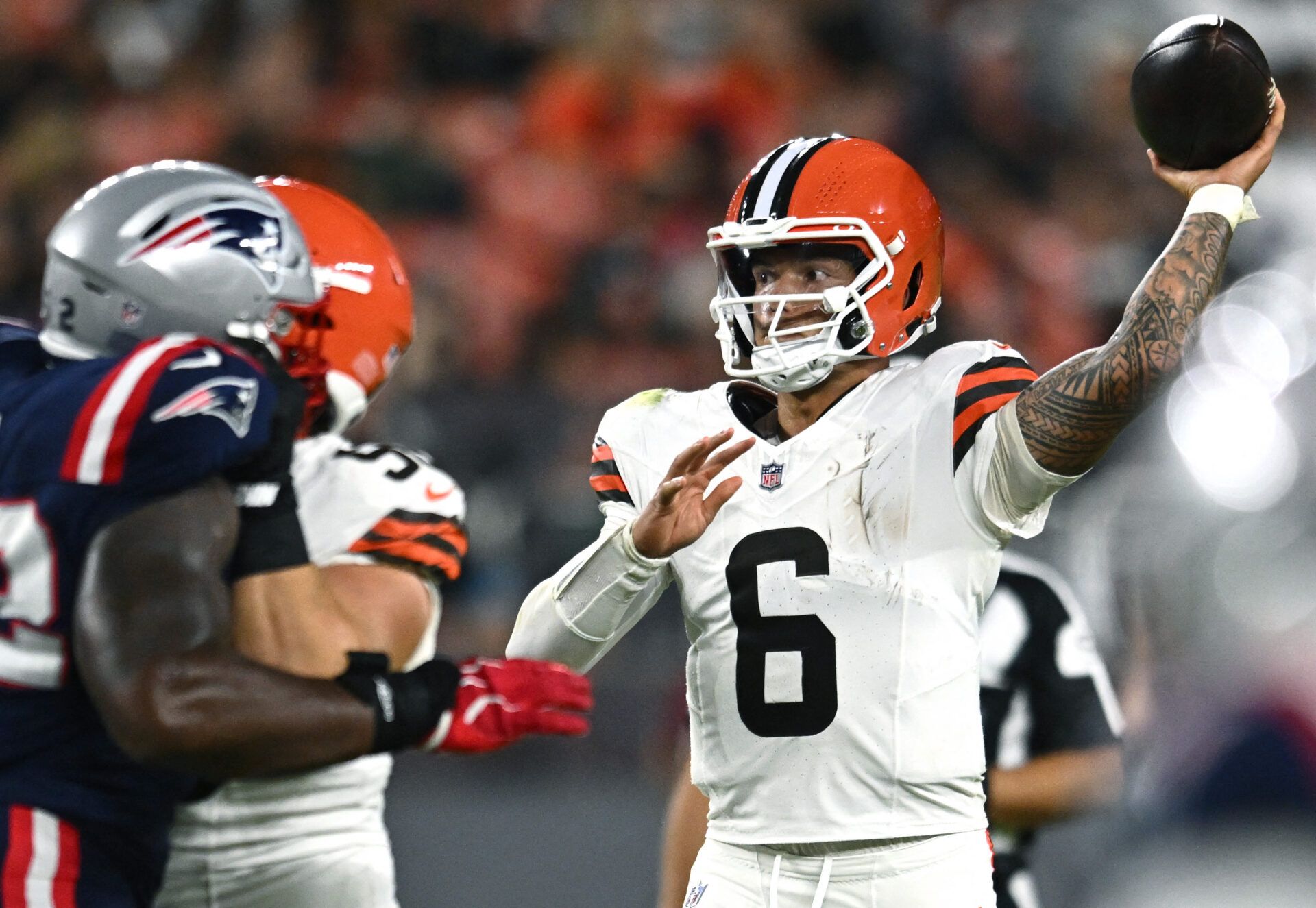 Cleveland Browns quarterback Dillon Gabriel (6) throws a pass against the New England Patriots during the first half at Huntington Bank Field.