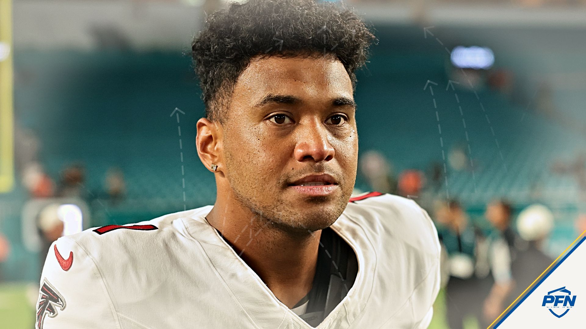 Atlanta Falcons quarterback Tua Tagovailoa (1) looks on after the game against the Miami Dolphins at Hard Rock Stadium.