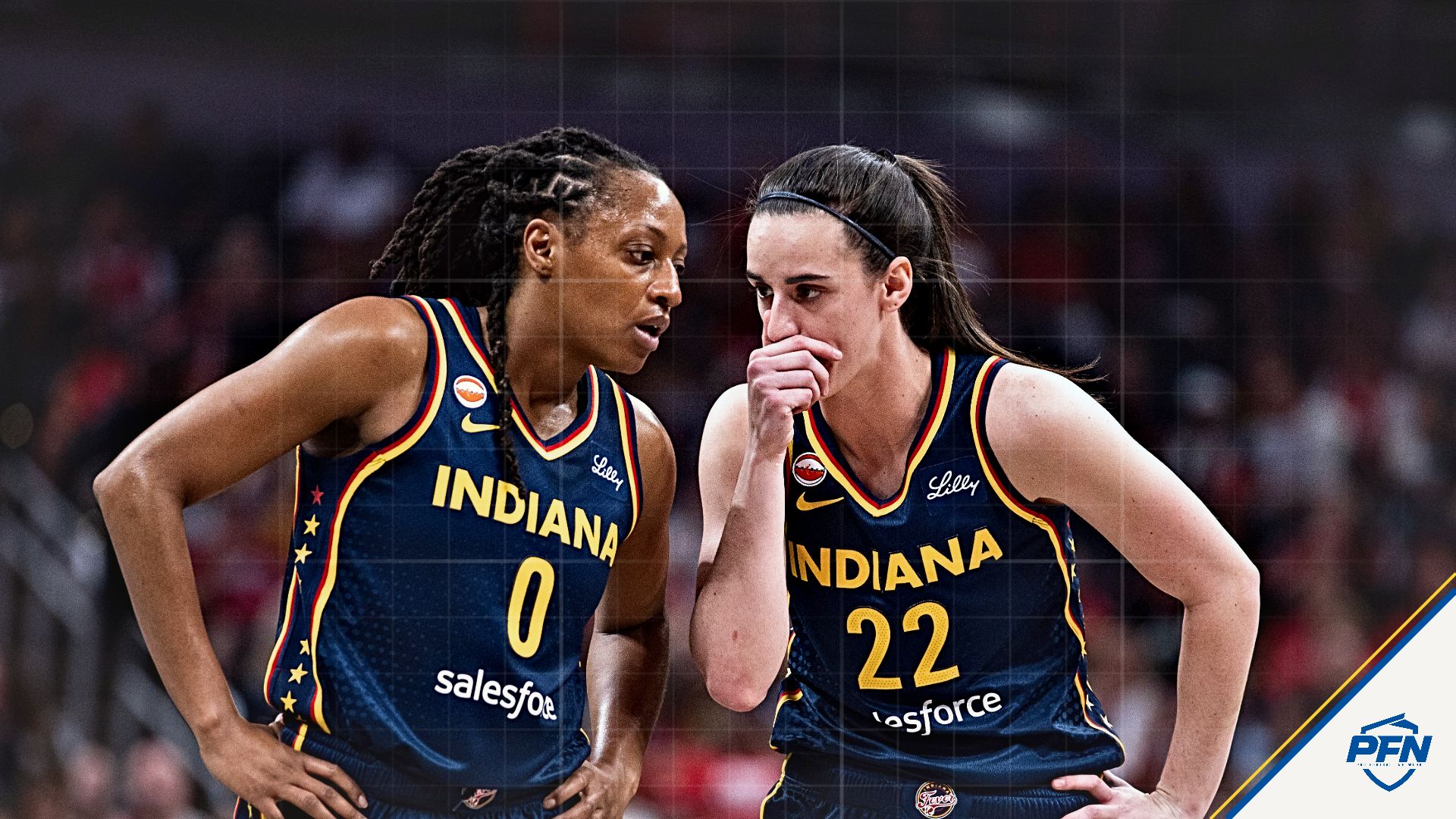 Indiana Fever guard Kelsey Mitchell (0) and guard Caitlin Clark (22) in the first half against the Chicago Sky at Gainbridge Fieldhouse.