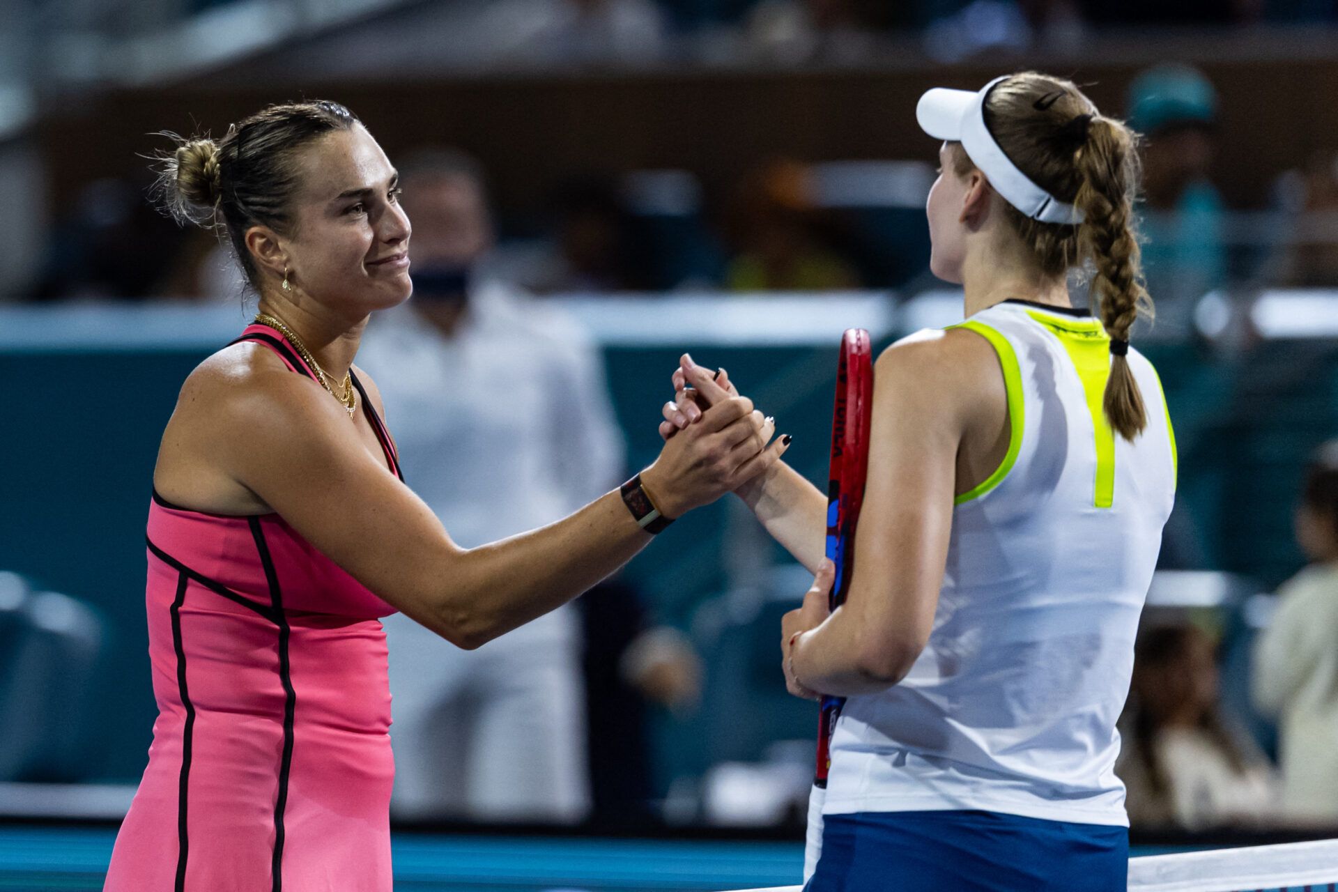 Aryna Sabalenka of Belarus shakes hands with Elena Rybakina of Kazakhstan after beating her in the semi-finals of the women’s singles at the Miami Open at the Hard Rock Stadium.