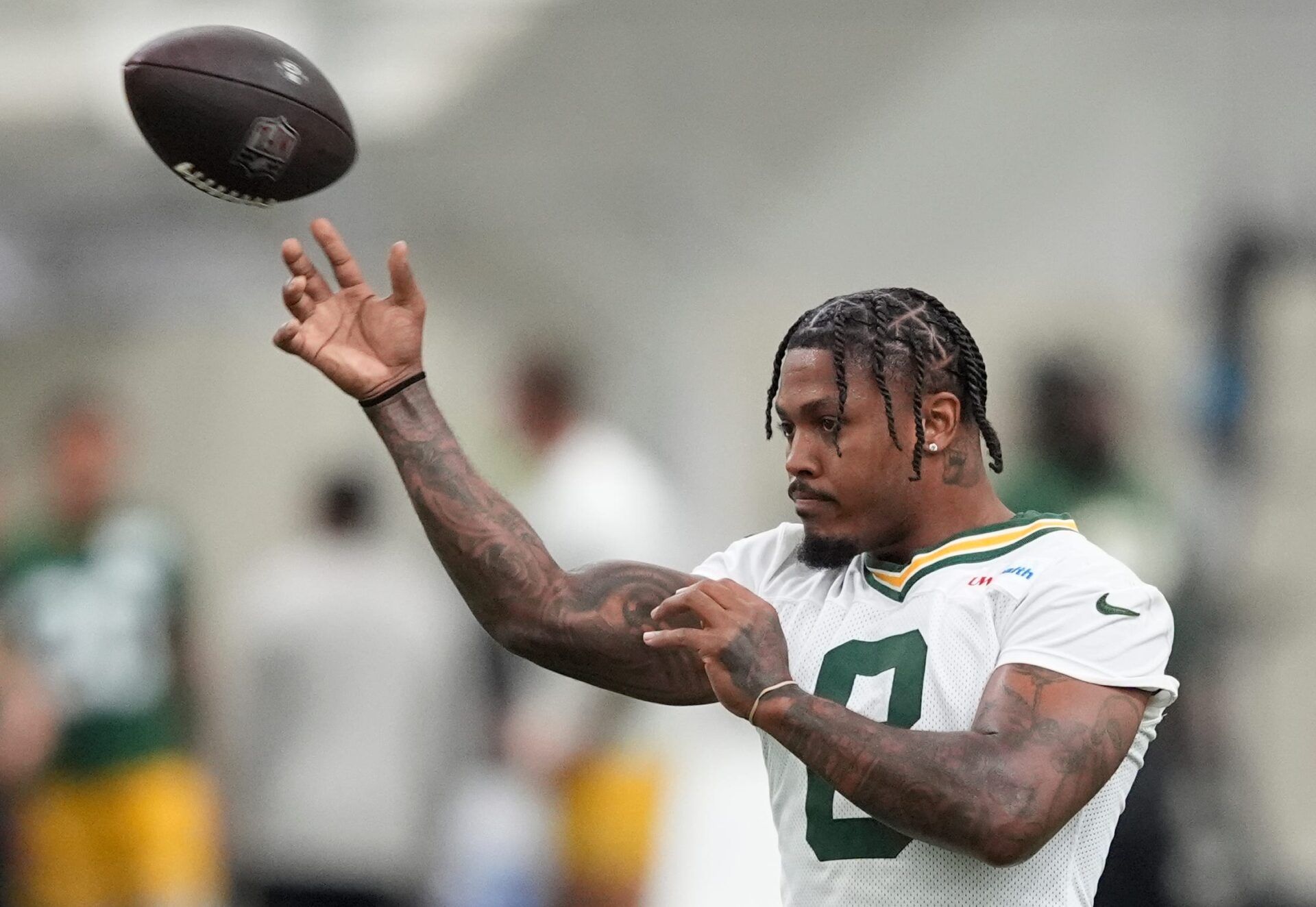 Green Bay Packers Josh Jacobs (8) participates in mandatory minicamp Thursday, June 11, 2026, at the Don Hutson Center in Green Bay, Wisconsin. 
Dan Powers/USA TODAY NETWORK-Wisconsin