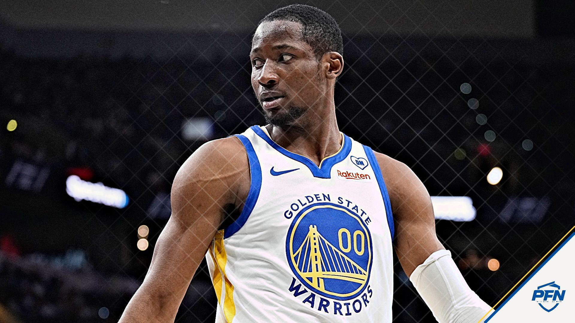 Golden State Warriors forward Jonathan Kuminga (00) reacts to a call by an official during the first half against the San Antonio Spurs at Frost Bank Center.