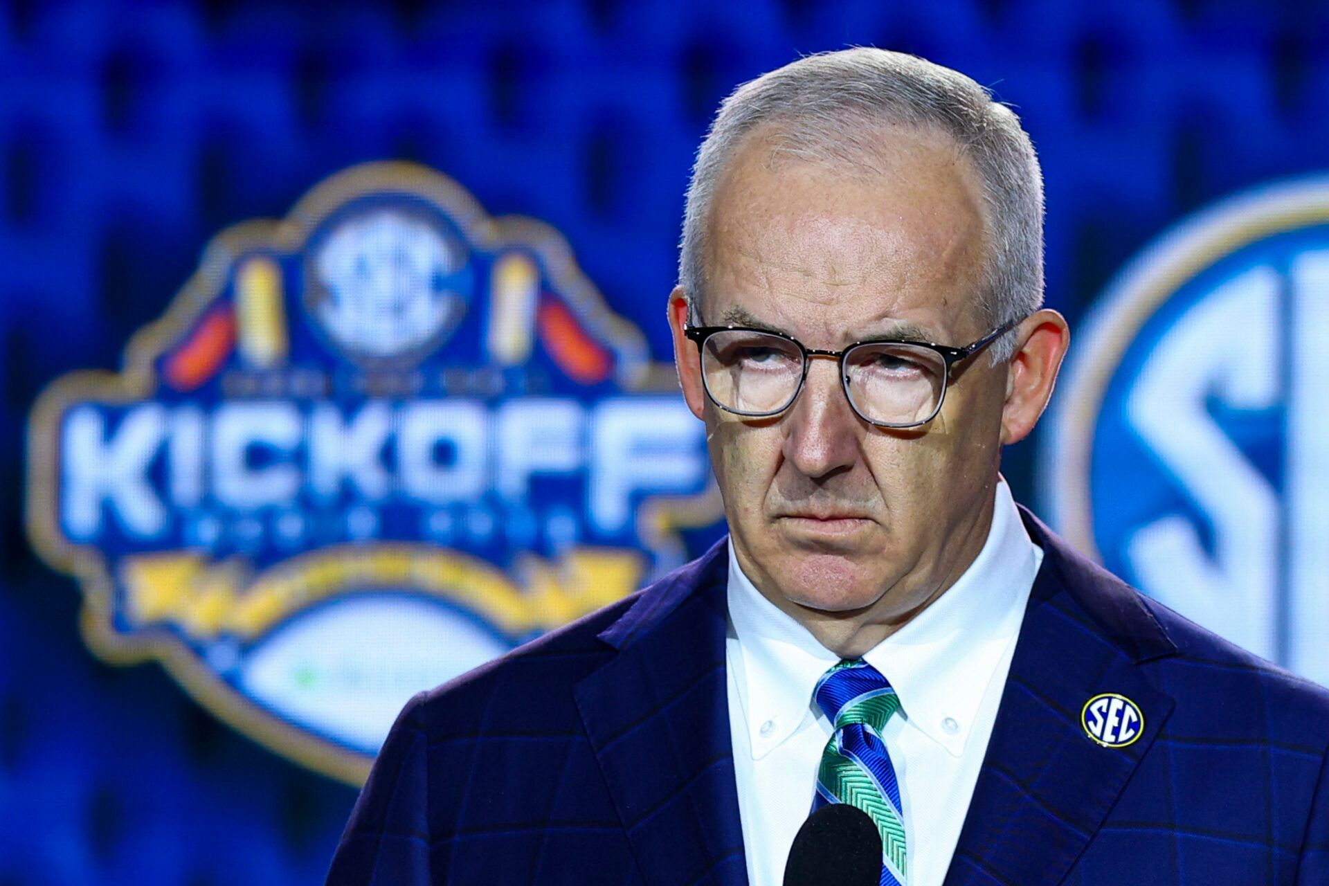 SEC Commissioner Greg Sankey speaks to the press during SEC Football Kickoff Media Day at the Tampa Marriott.