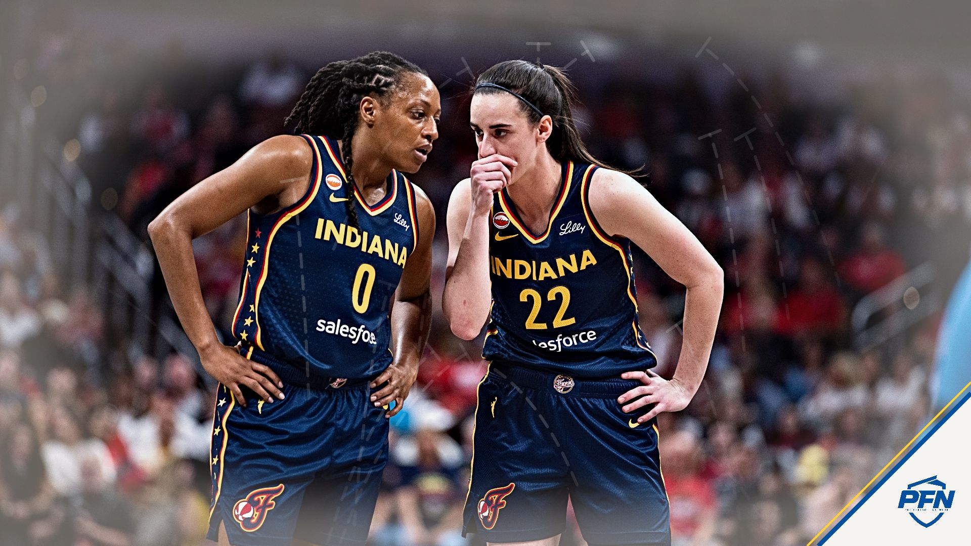 Indiana Fever guard Kelsey Mitchell (0) and guard Caitlin Clark (22) in the first half against the Chicago Sky at Gainbridge Fieldhouse.
