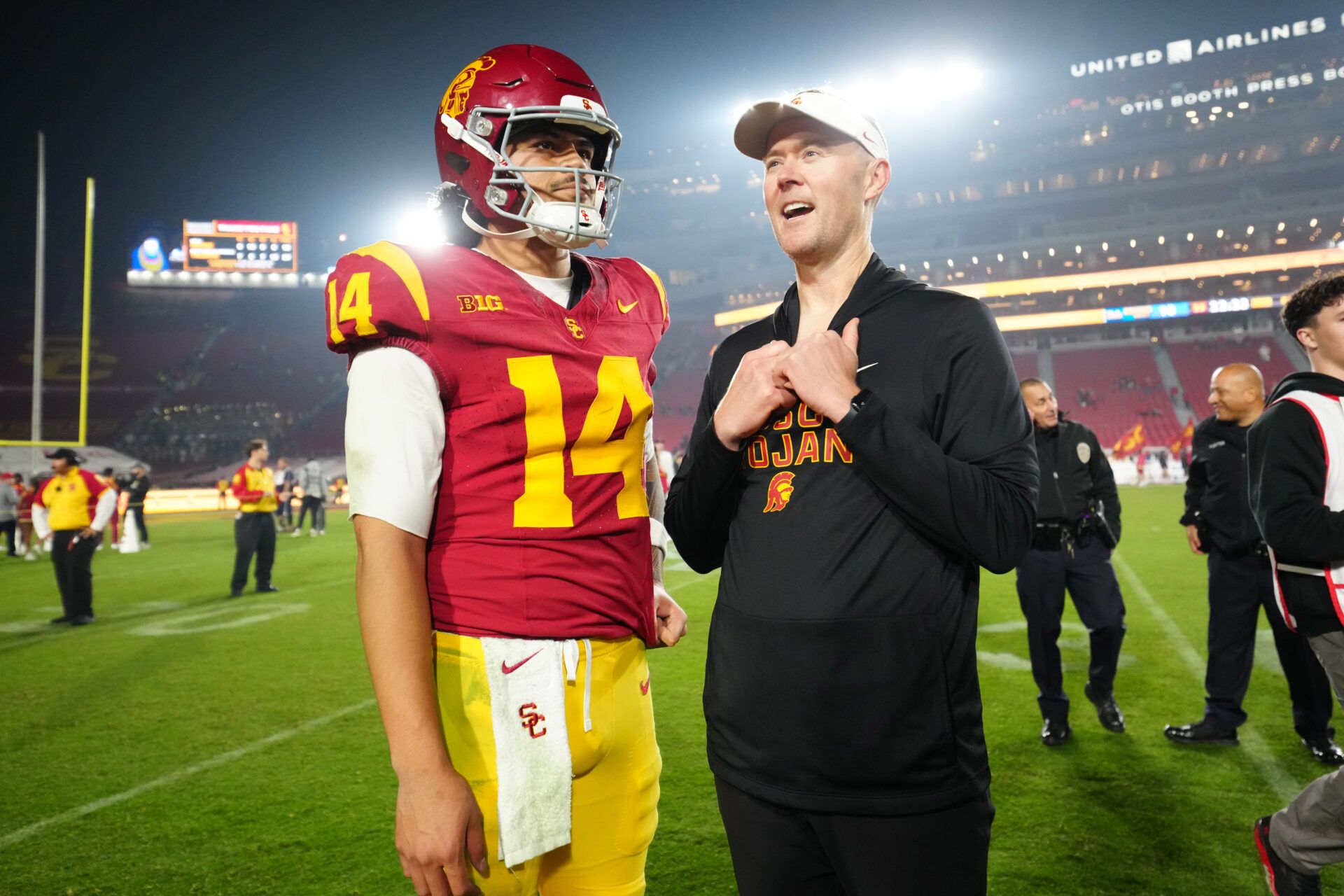 Southern California Trojans quarterback Jayden Maiava (14) and head coach Lincoln Riley react after the game against the UCLA Bruins at United Airlines Field at Los Angeles Memorial Coliseum.