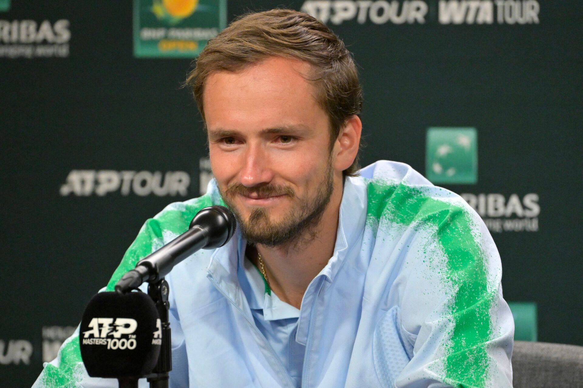 Daniil Medvedev (RUS) talks to the media during a news conference for the BNP Paribas Open at the Indian Well Tennis Garden.