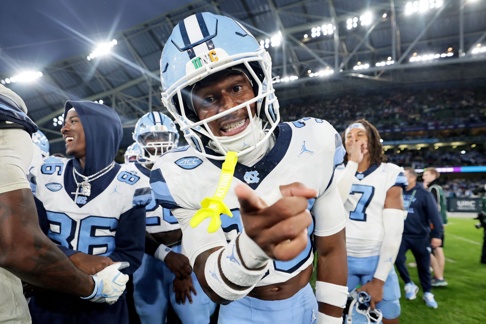 North Carolina Tar Heels defensive back Jaziel Hart (30) celebrates after the game against the TCU Horned Frogs  at Aviva Stadium.