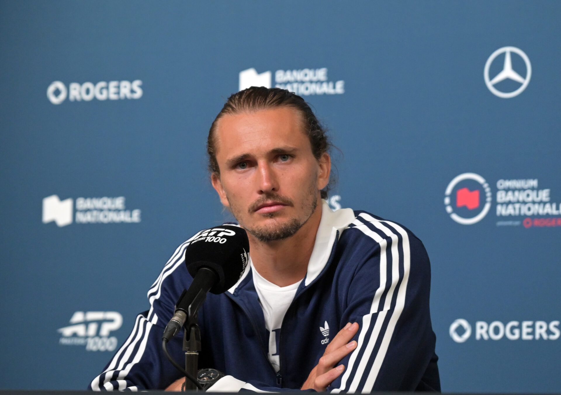 Alexander Zverev (GER) gives a presser during first round play at IGA Stadium.