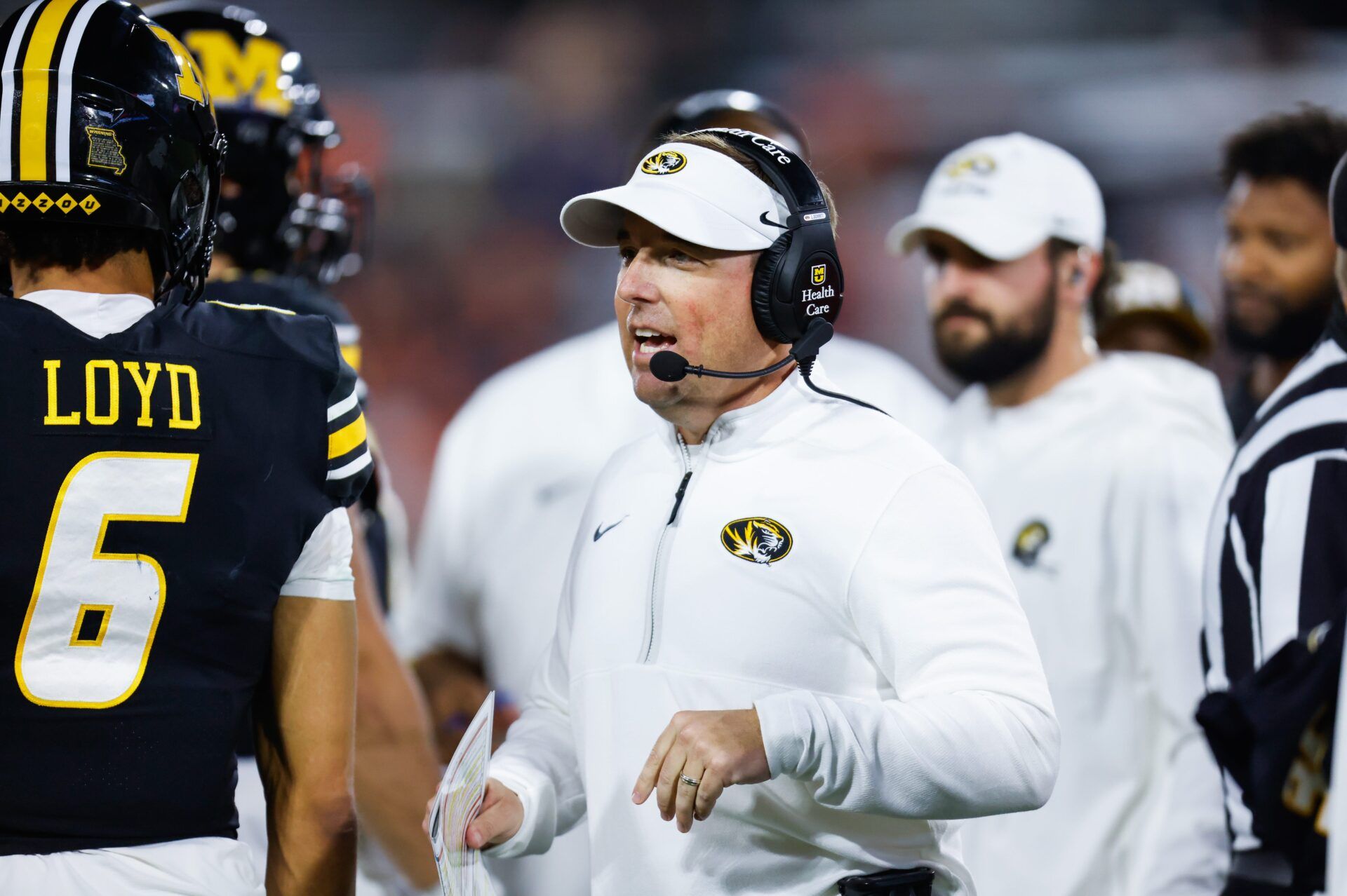 Missouri Tigers head coach Eli Drinkwitz talks to his team during a timeout during the first quarter of the TaxSlayer Gator Bowl at EverBank Stadium Saturday December 27, 2025 in Jacksonville, Fla. [Doug Engle/Florida Times-Union]