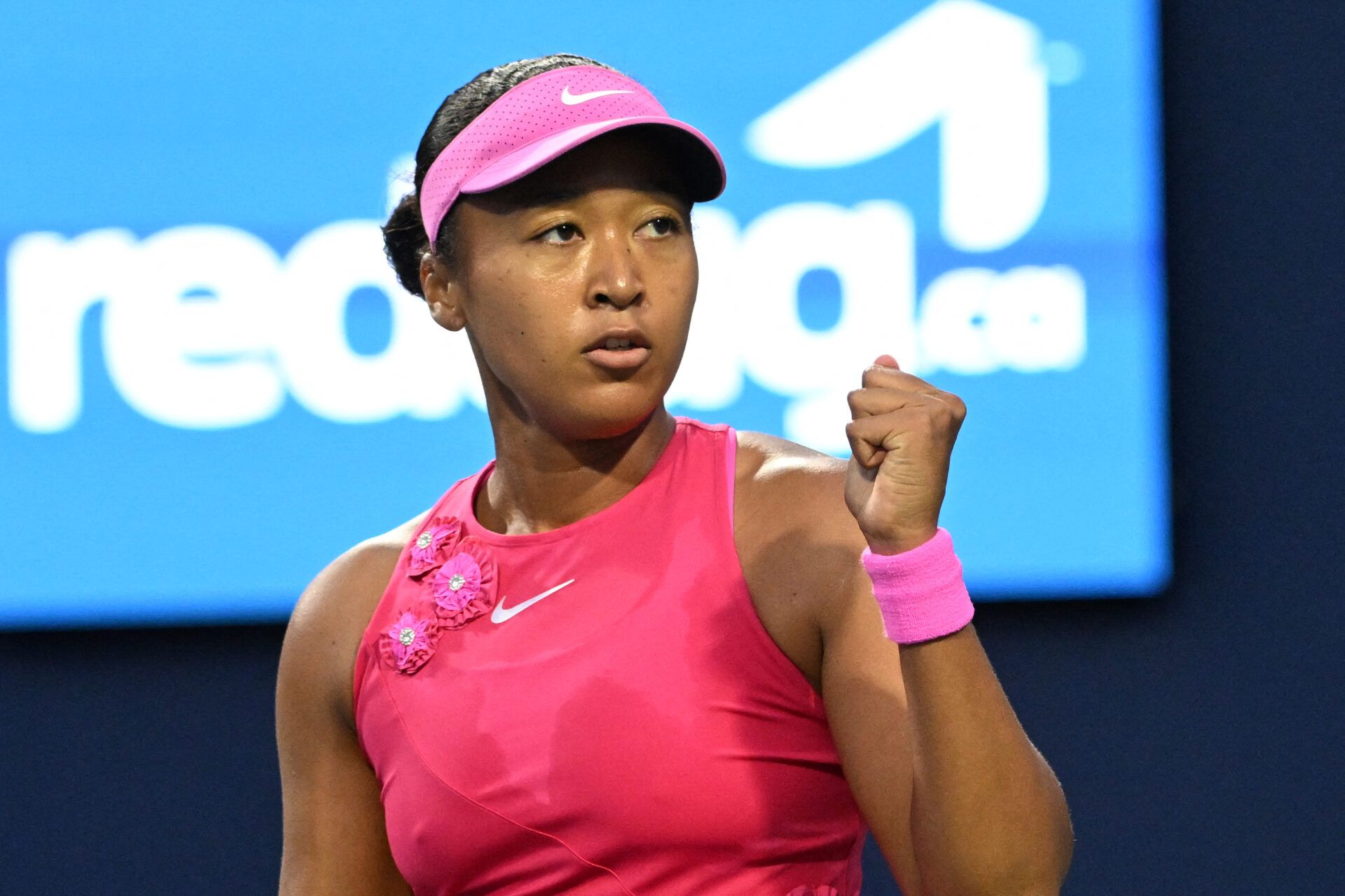 Naomi Osaka (JPN) reacts after winning the first set against Elena Rybakina (KAZ) during quarter final play at Sobeys Stadium.