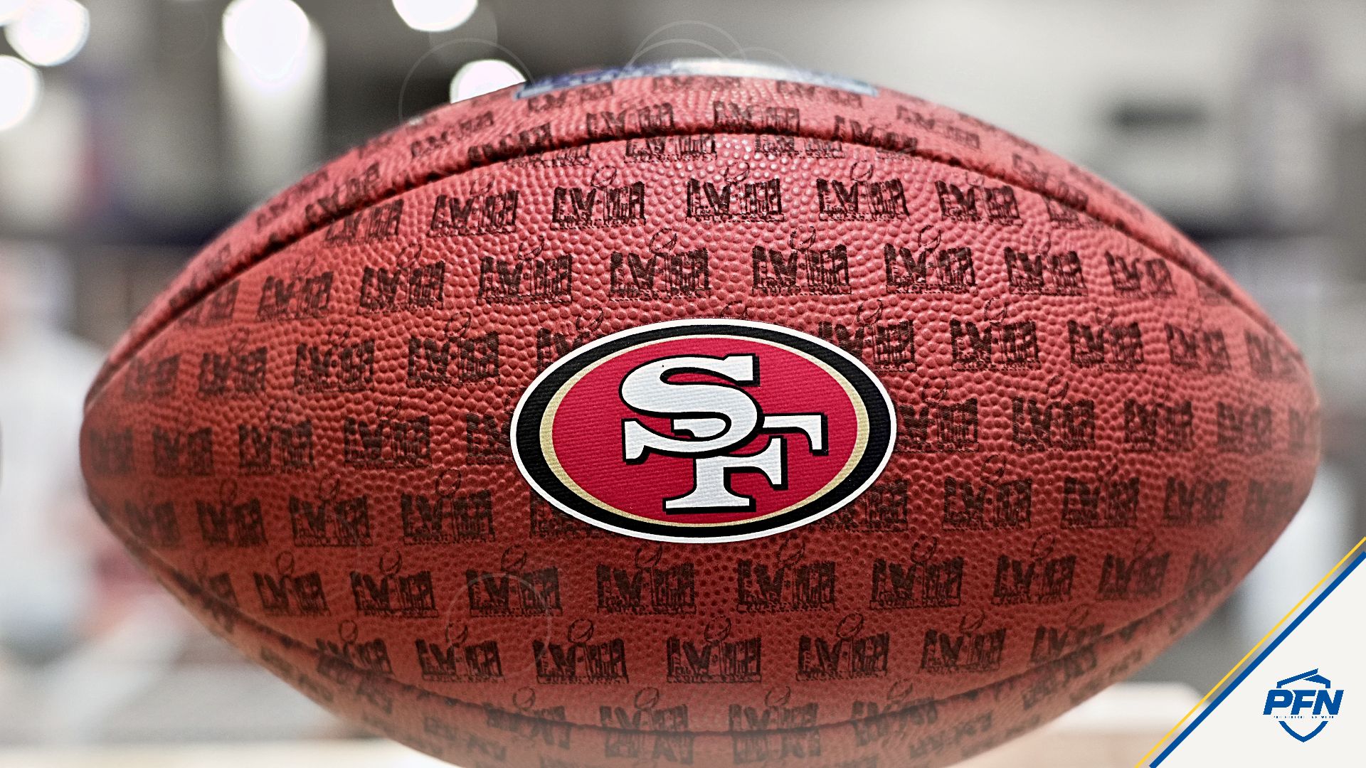 A football with a San Francisco 49ers logo.