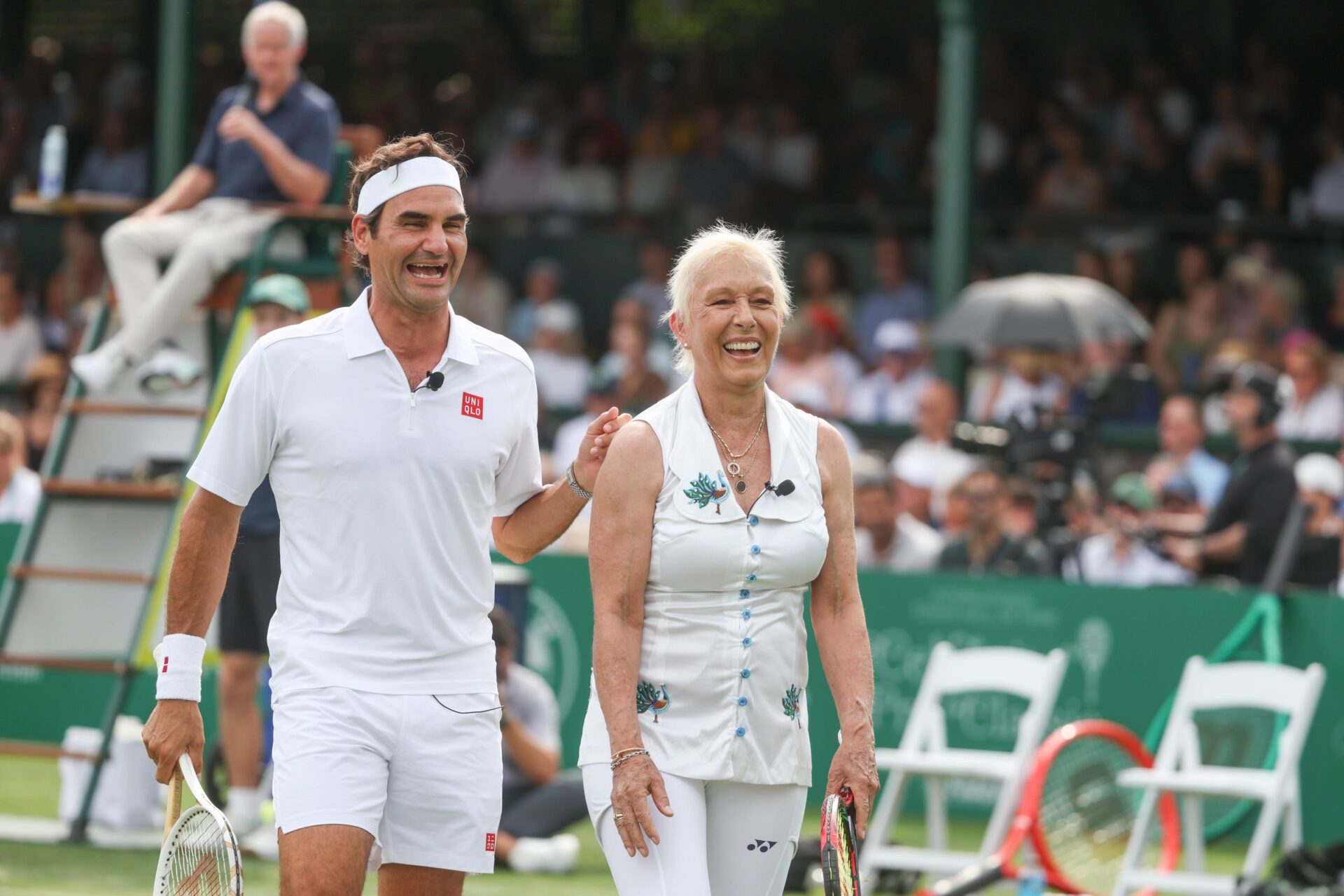 Tennis legends Roger Federer and Martina Navratilova take part in the Celebrity Pro Classic at the International Tennis Hall of Fame in Newport on Friday, Aug. 28, 2026