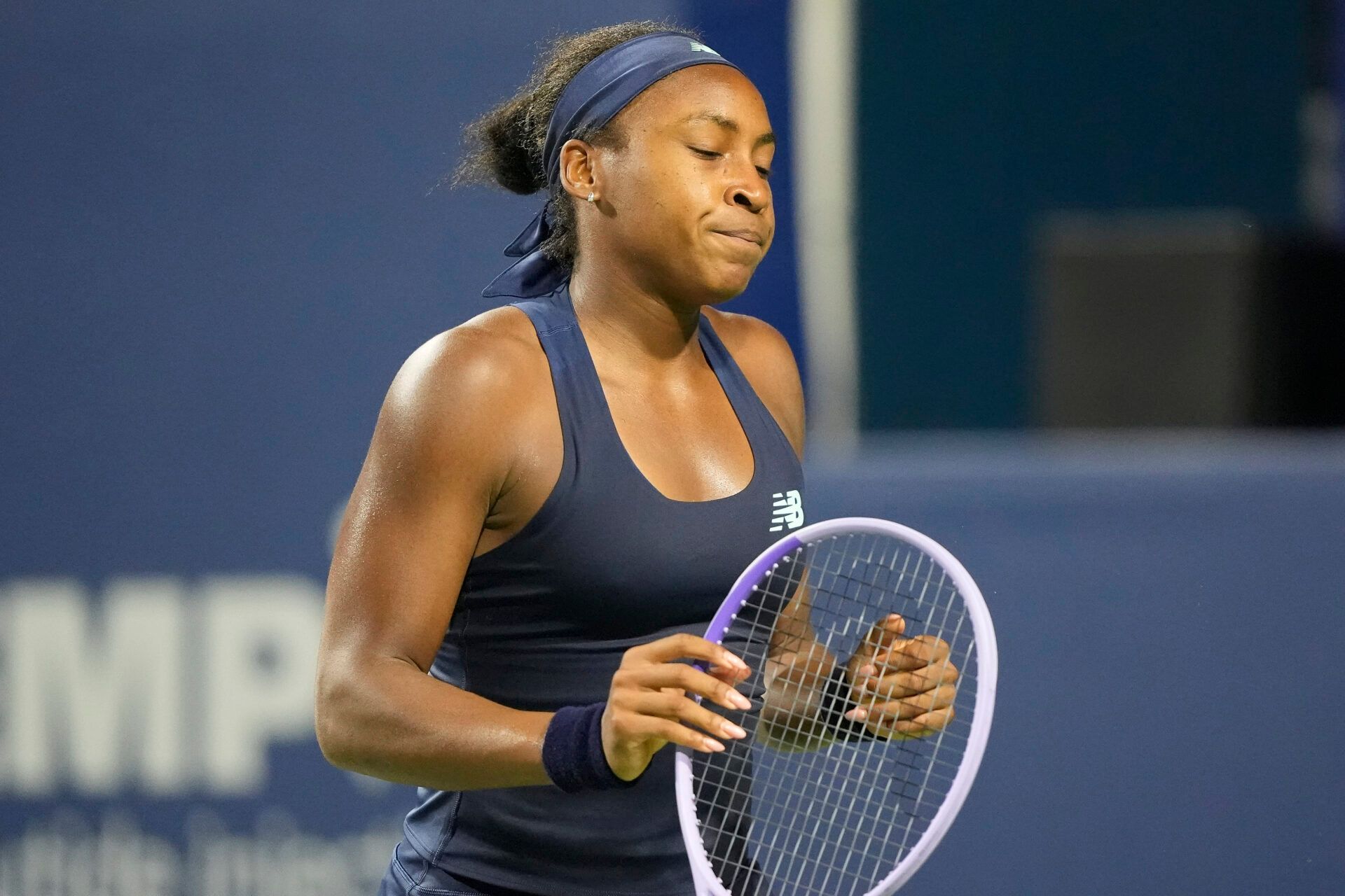 Coco Gauff (USA) reacts after losing a point to Elena Rybakina (not pictured) during the semi finals at the National Bank Open at Sobeys Stadium.
