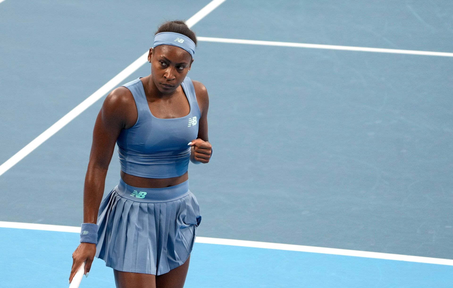 Coco Gauff of the United States pumps her fist after winning a point in the first set during her Round of 16 match against Marie Bouzková at the Cincinnati Open at the Lindner Family Tennis Center in Mason on Aug. 19, 2026. Gauff defeated Bouzková 6-3, 6-2, to advance to the quarterfinals.