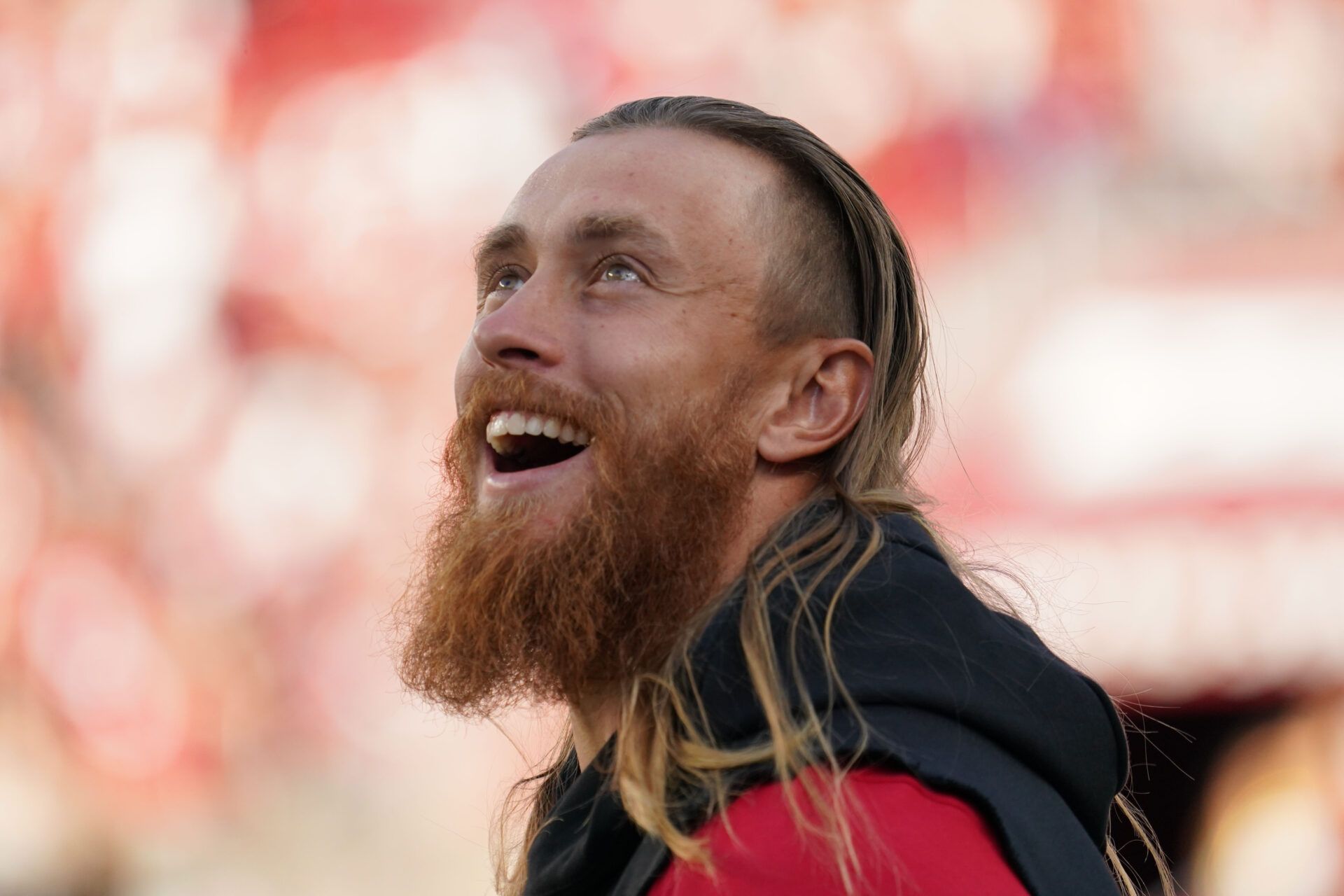 San Francisco 49ers tight end George Kittle (85) watches pre-game festivities prior to a preseason game against the Tennessee Titans at Levi's Stadium.
