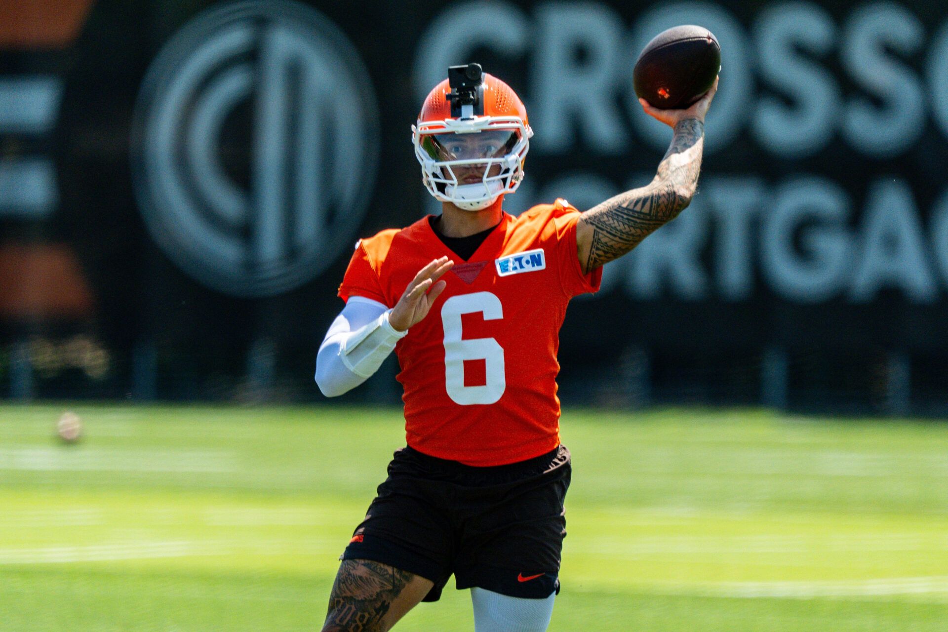 Cleveland Browns quarterback Dillon Gabriel (6) throws during the second day of training camp, July 30, 2026, in Berea, Ohio.
