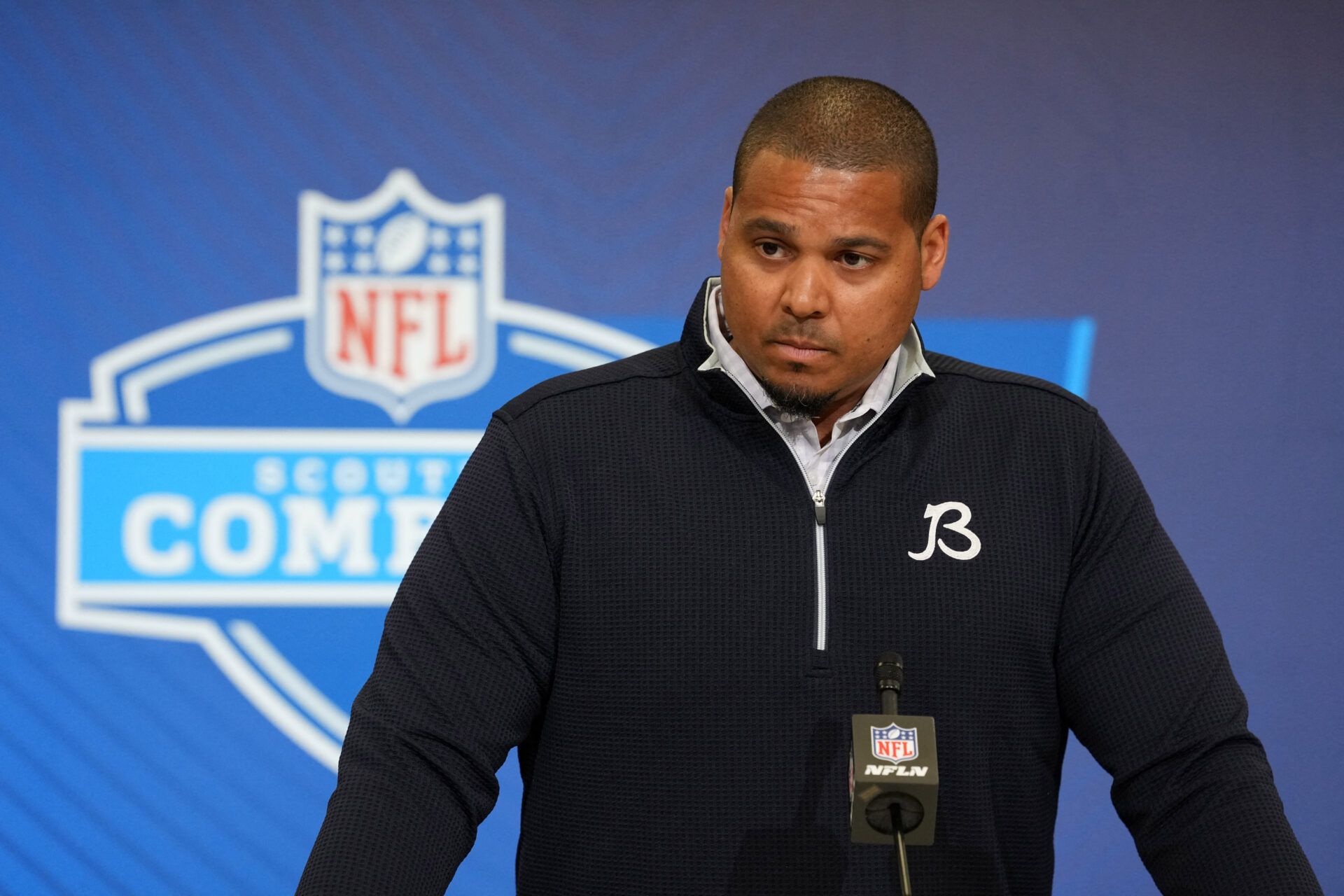 Chicago Bears general manager Ryan Poles speaks at the NFL Scouting Combine at the Indiana Convention Center.