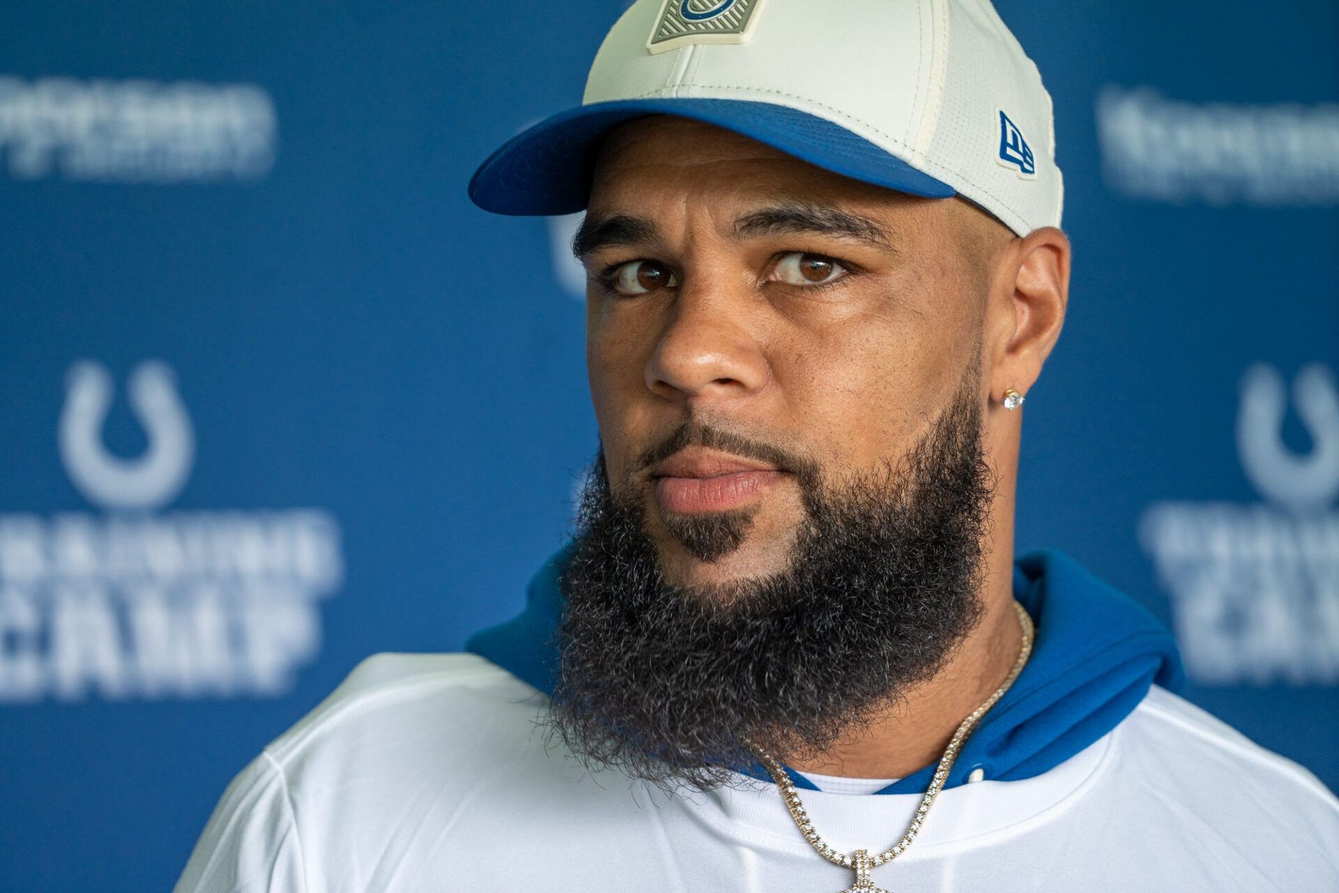 Indianapolis Colts wide receiver Keenan Allen speaks with media Wednesday, Aug. 19, 2026, ahead of the Colts joint practice with the Atlanta Falcons at Grand Park in Westfield.