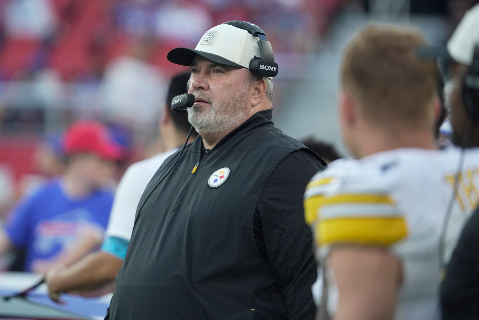 Pittsburgh head coach Mike McCarthy gets ready for the start of their preseason game against the Buffalo Bills at Highmark Stadium on Aug. 27, 2026.