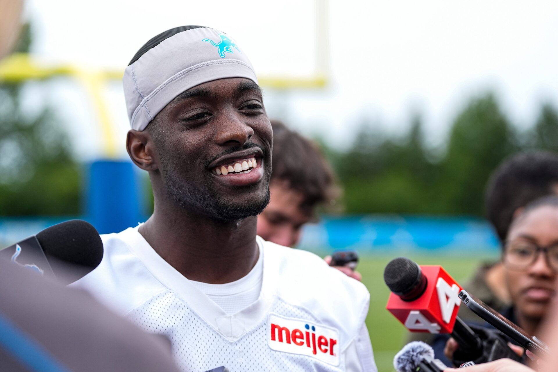 Detroit Lions cornerback Terrion Arnold (6) speaks to media members after practice during mini camp at Meijer Performance Center in Allen Park on Wednesday, June 17, 2026.