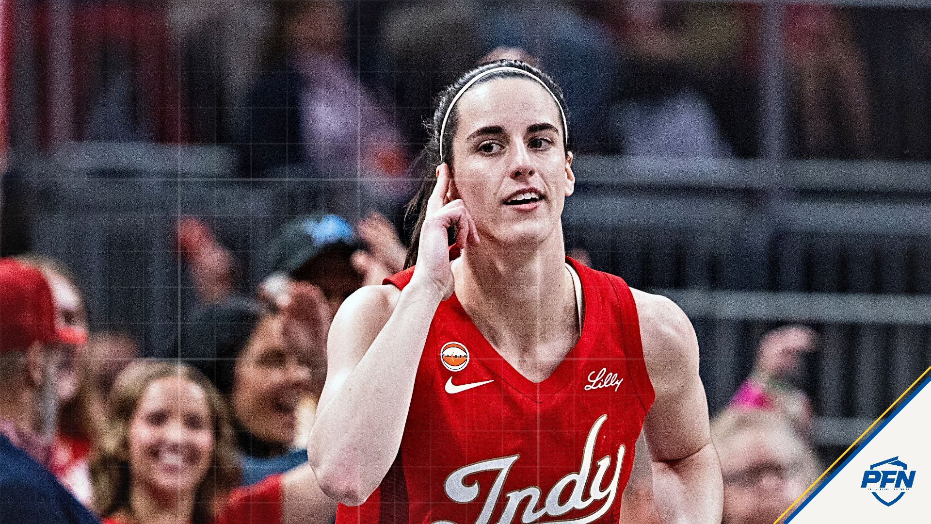 Indiana Fever guard Caitlin Clark (22) celebrates a made basket in the first half against the Connecticut Sun at Gainbridge Fieldhouse.