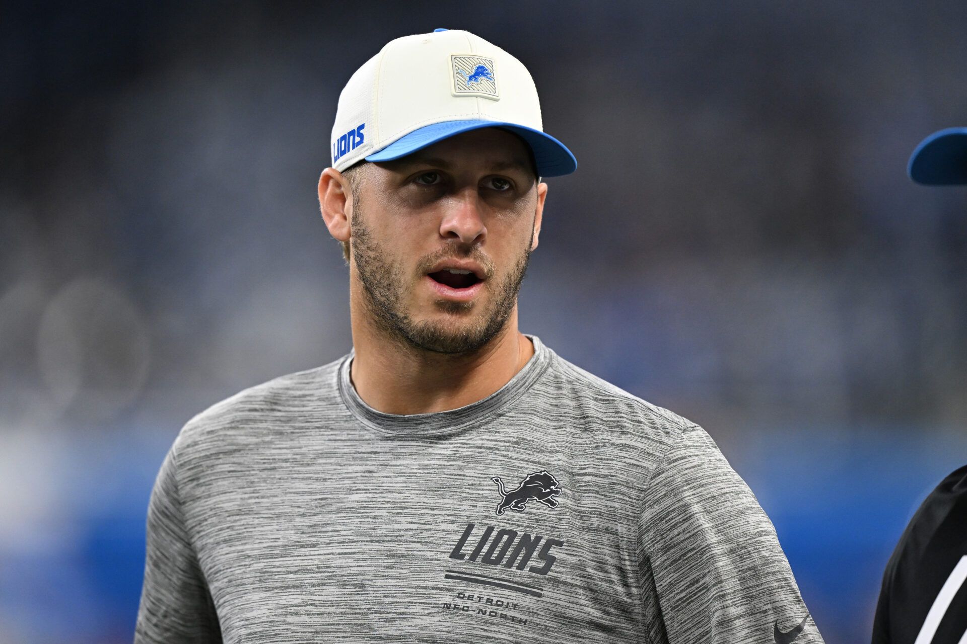 Detroit Lions quarterback Jared Goff (16) on the sidelines before their preseason game against the Washington Commanders at Ford Field.