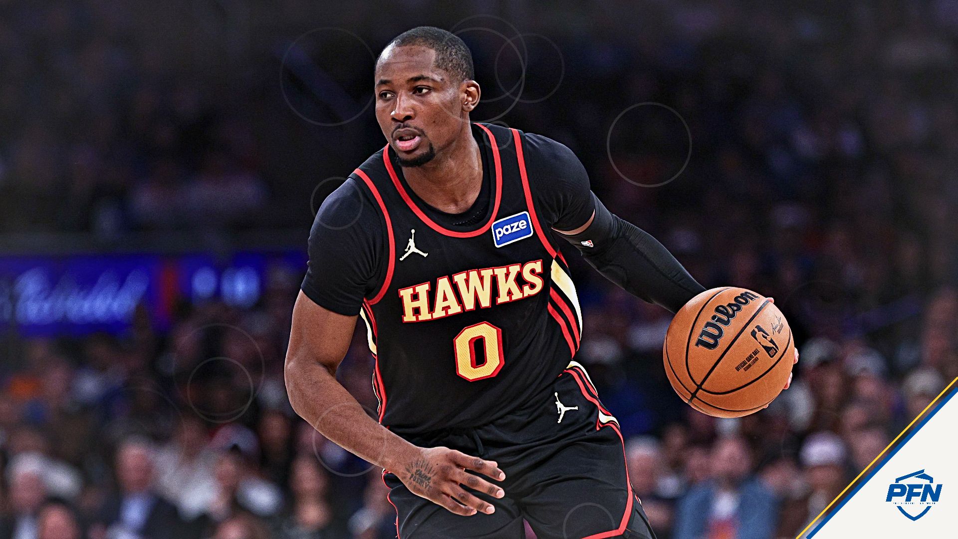 Atlanta Hawks forward Jonathan Kuminga (0) dribbles during the second half of the 2026 NBA Playoffs against the New York Knicks at Madison Square Garden.