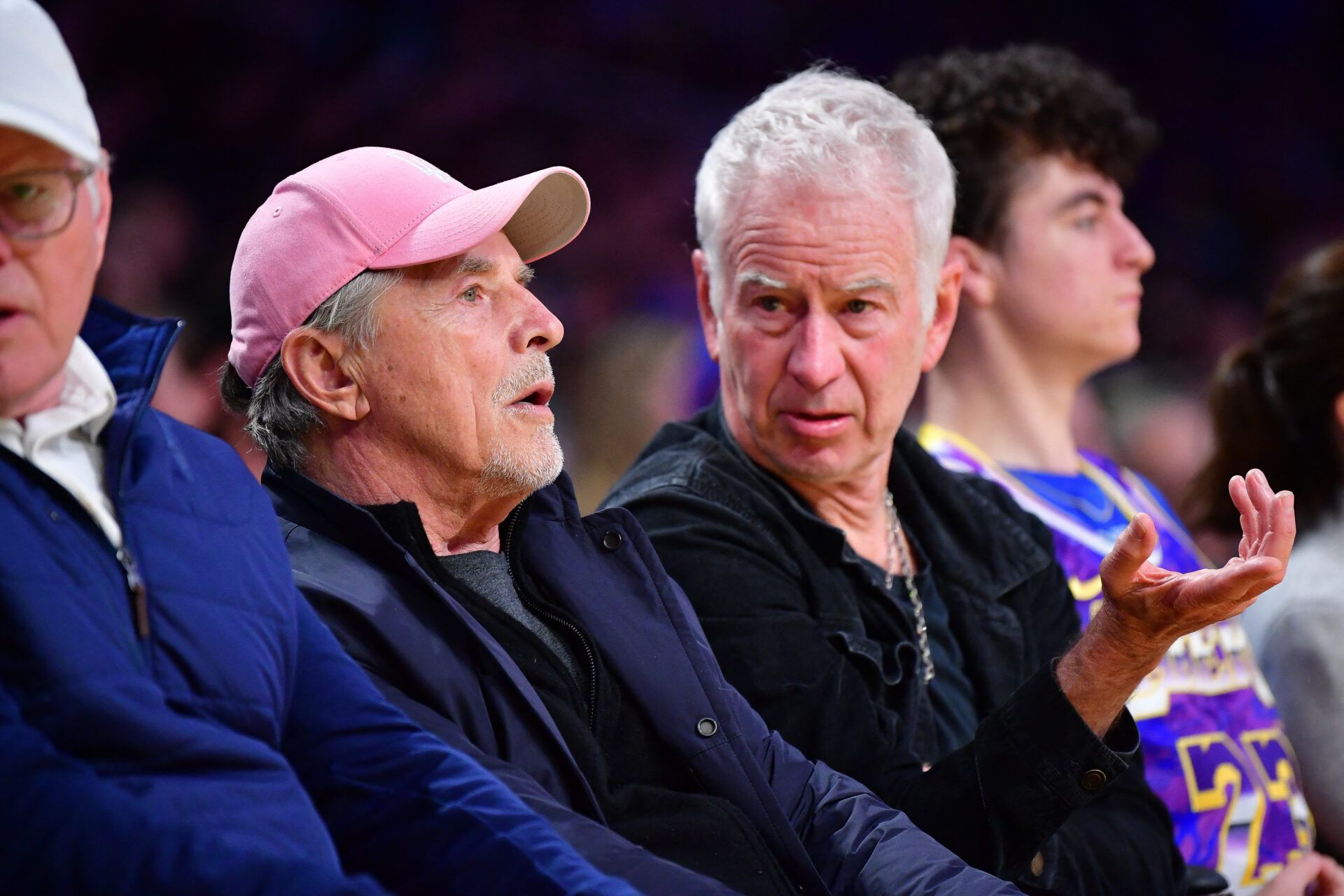 Film and television actor Don Johnson and former tennis player John McEnroe attend the game between the Los Angeles Lakers and New York Knicks during the second half at Crypto.com Arena.