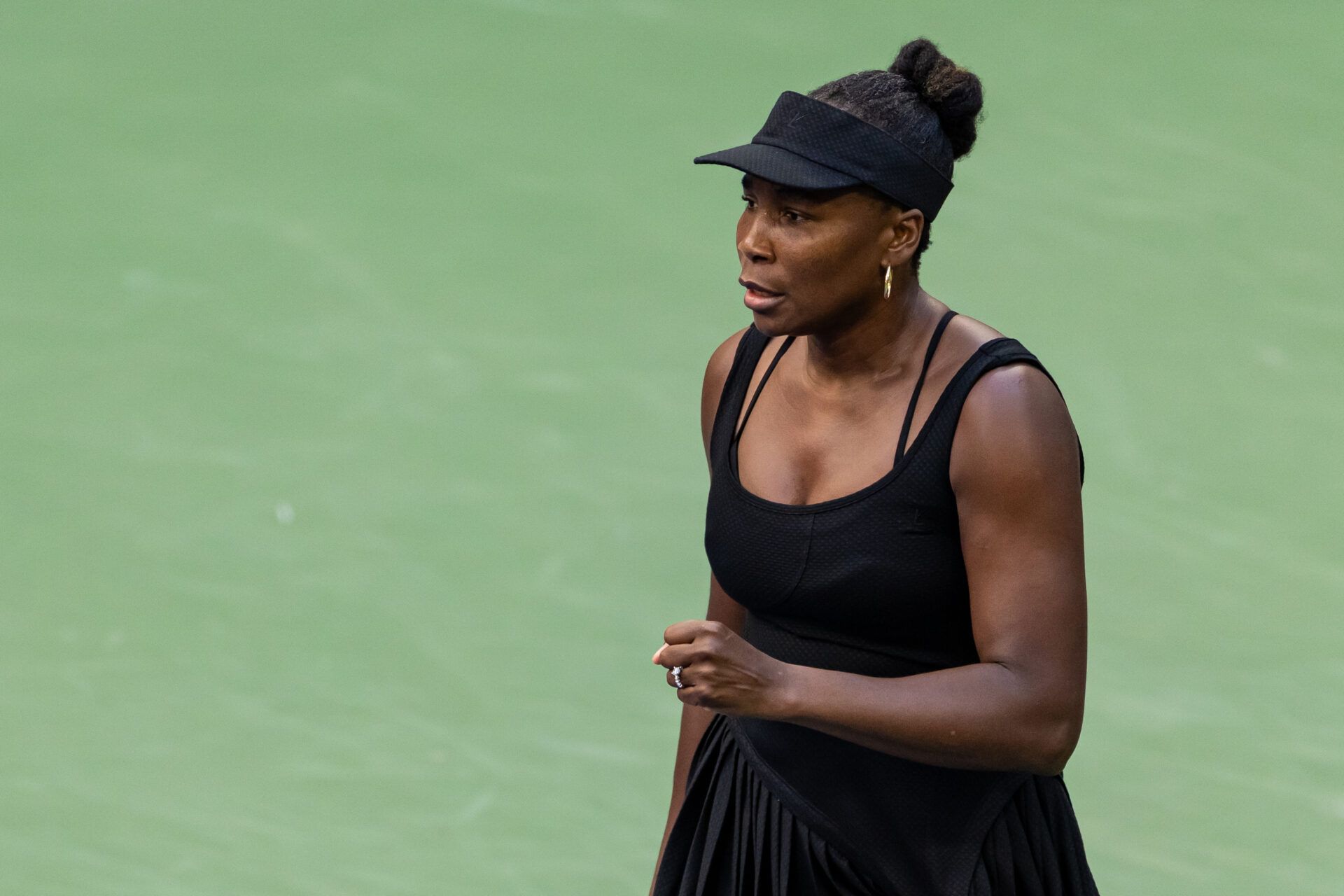 Venus Williams of the United States and Leylah Fernandez of Canada in action against Taylor Townsend of the United States and Katerina Siniakova of Czech Republic in the quarterfinal of the women’s doubles at the US Open at Louis Armstrong Stadium in Billie Jean King National Tennis Center.