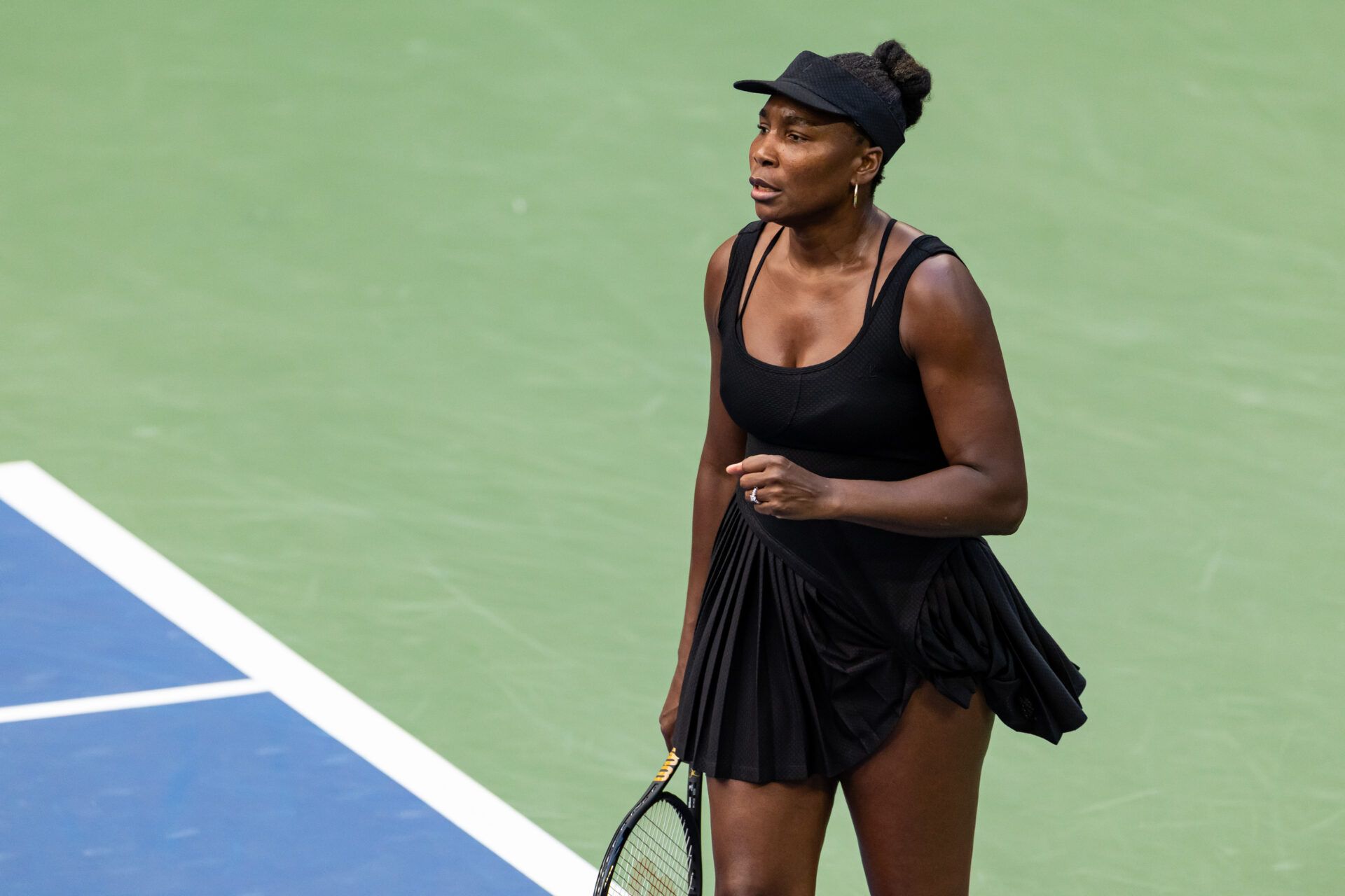 Venus Williams of the United States and Leylah Fernandez of Canada in action against Taylor Townsend of the United States and Katerina Siniakova of Czech Republic in the quarterfinal of the women’s doubles at the US Open at Louis Armstrong Stadium in Billie Jean King National Tennis Center.