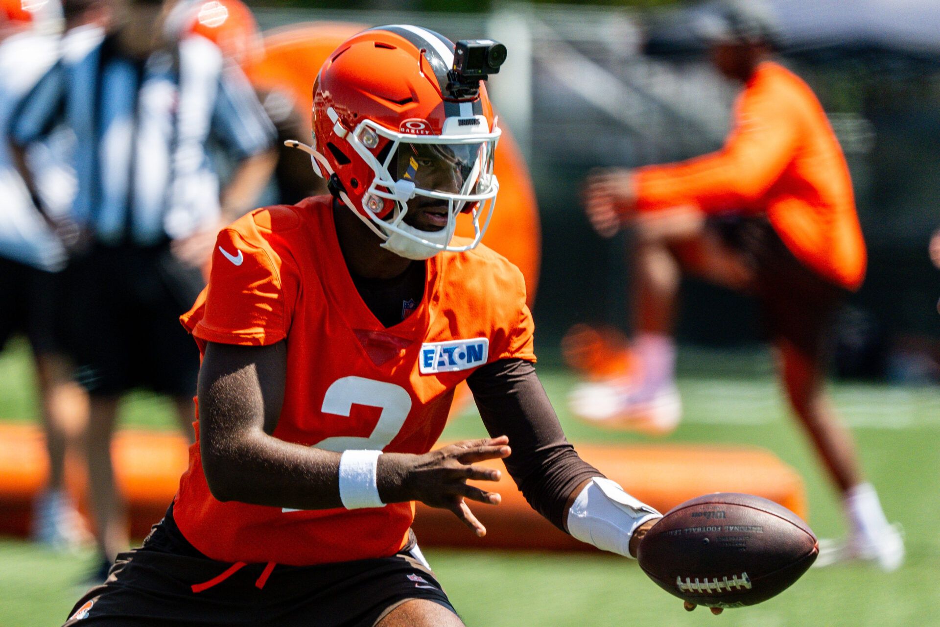 Cleveland Browns quarterback Shedeur Sanders (2) works through drills during the second day of training camp, July 30, 2026, in Berea, Ohio.