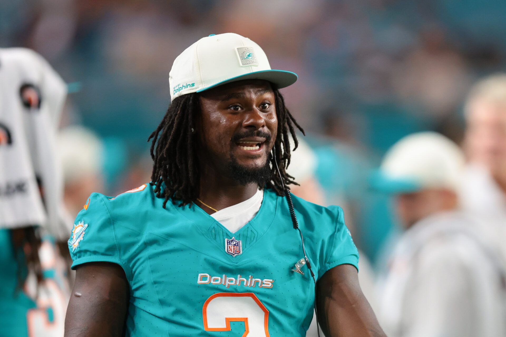 Miami Dolphins quarterback Malik Willis (2) reacts on the bench against the Atlanta Falcons during the second half at Hard Rock Stadium.