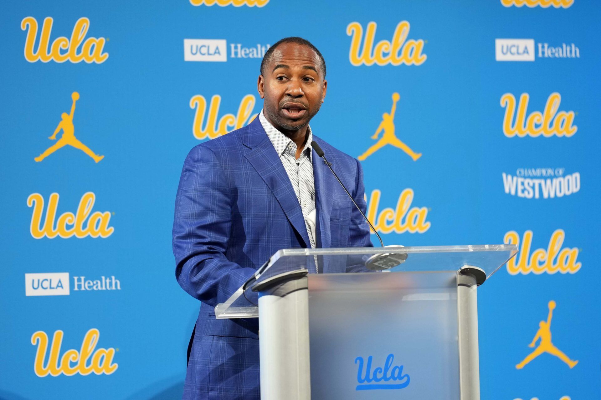 UCLA Bruins athletic director Martin Jarmond speaks at press conference at Renee Luskin Conference Center Centennial Ballroom.