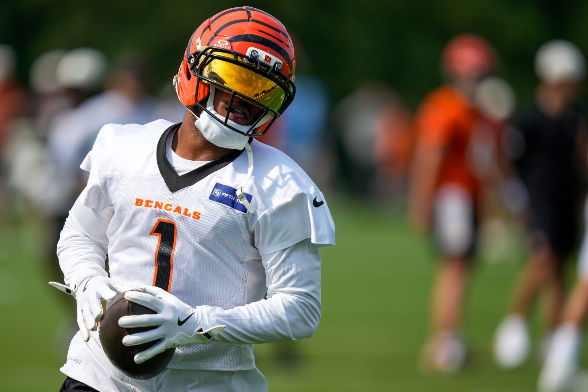 Cincinnati Bengals wide receiver Ja'marr Chase (1) runs a route during the first day of Cincinnati Bengals training camp at the Paycor Stadium practice facility in downtown Cincinnati on Wednesday, July 29, 2026.