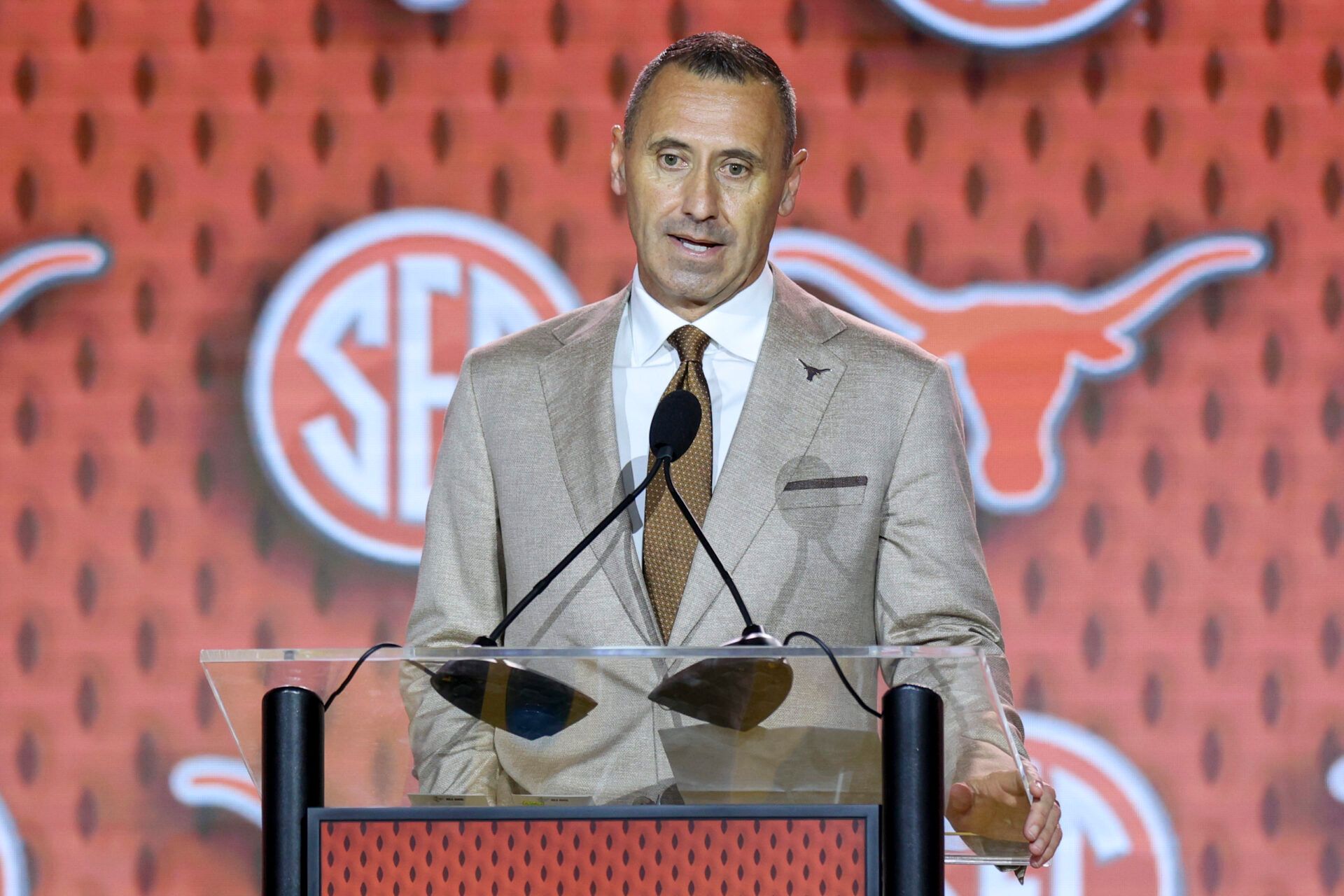 Texas Longhorns head coach Steve Sarkisian speaks to the press during SEC Football Kickoff Media Day at the Tampa Marriott.