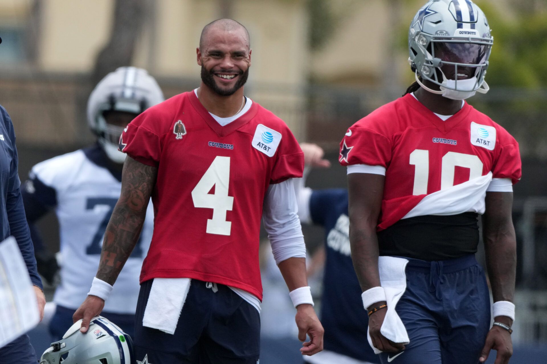 Dallas Cowboys quarterback Dak Prescott (4) and Joe Milton (10) at training camp at River Ridge Playing Fields.