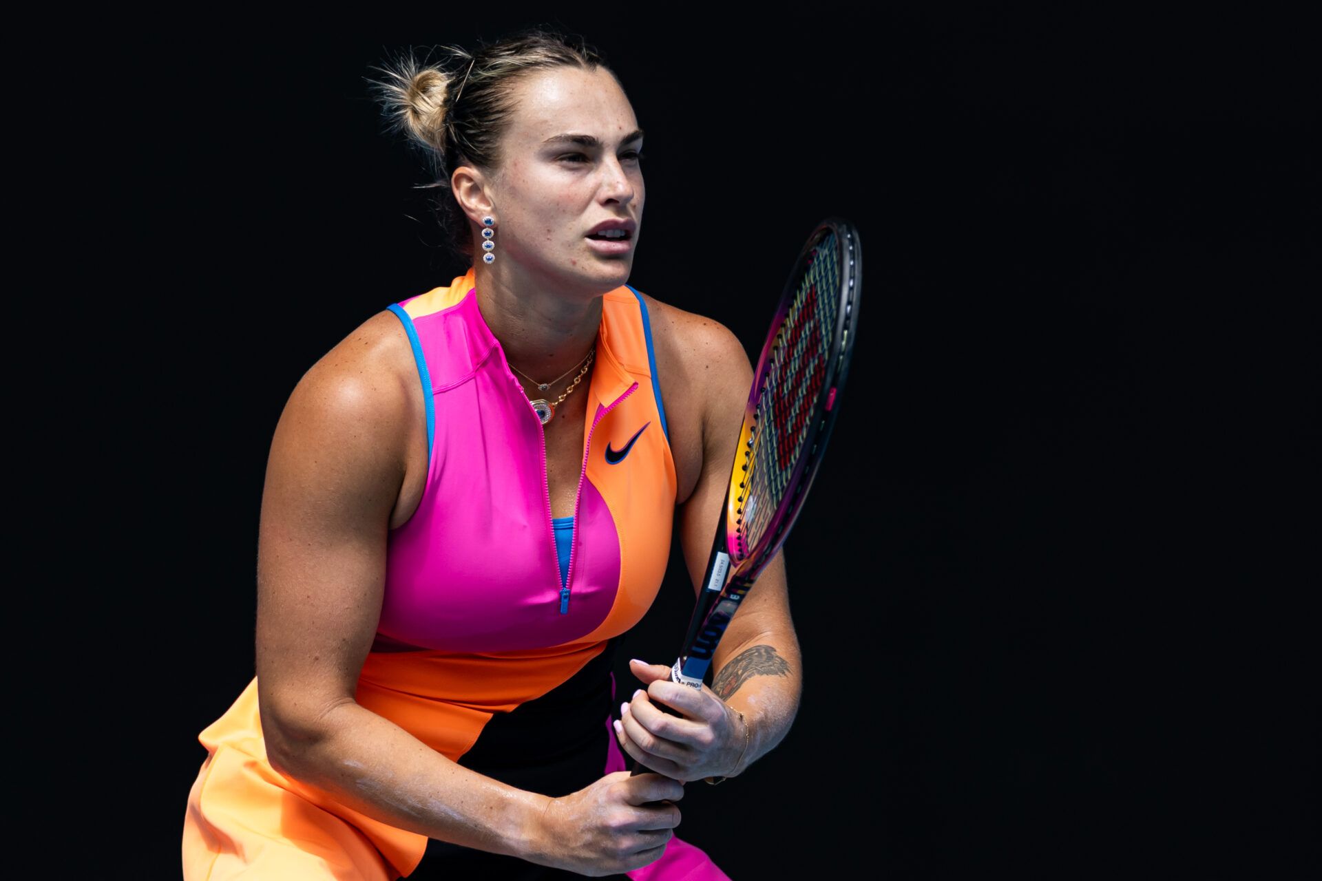 Aryna Sabalenka in action against Zhuoxuan Bai of China in the second round of the women’s singles at the Australian Open at Rod Laver Arena in Melbourne Park.