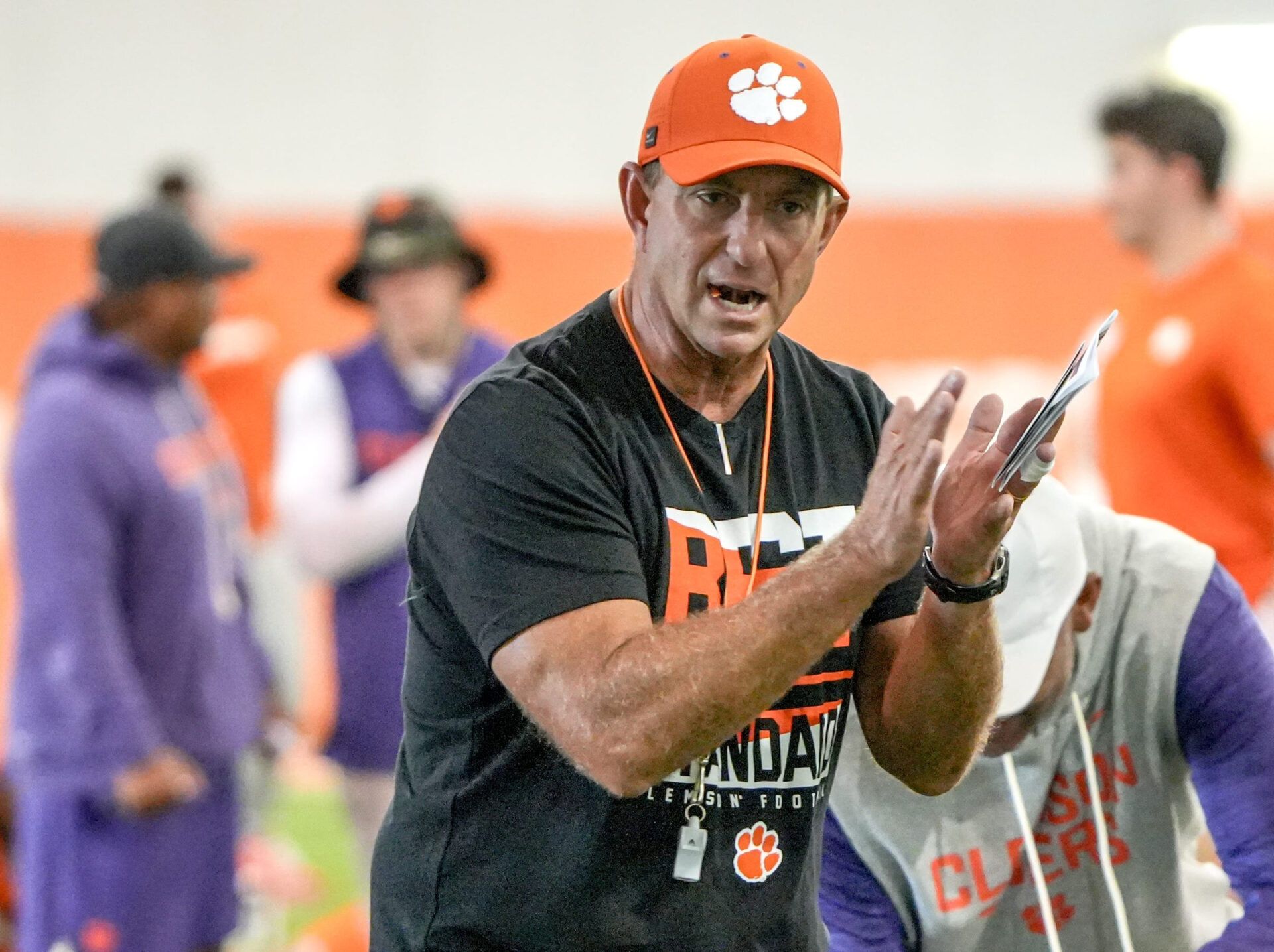 Clemson head coach Dabo Swinney encourages his players stretching during practice in the at the Allen N. Reeves Sports Complex in Clemson, S.C. Thursday, August 6, 2026.